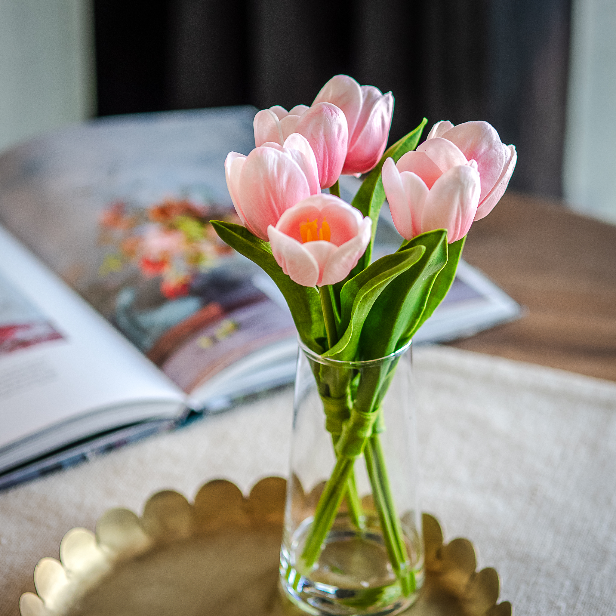 Faux Pink Tulips In Skinny Glass Vase