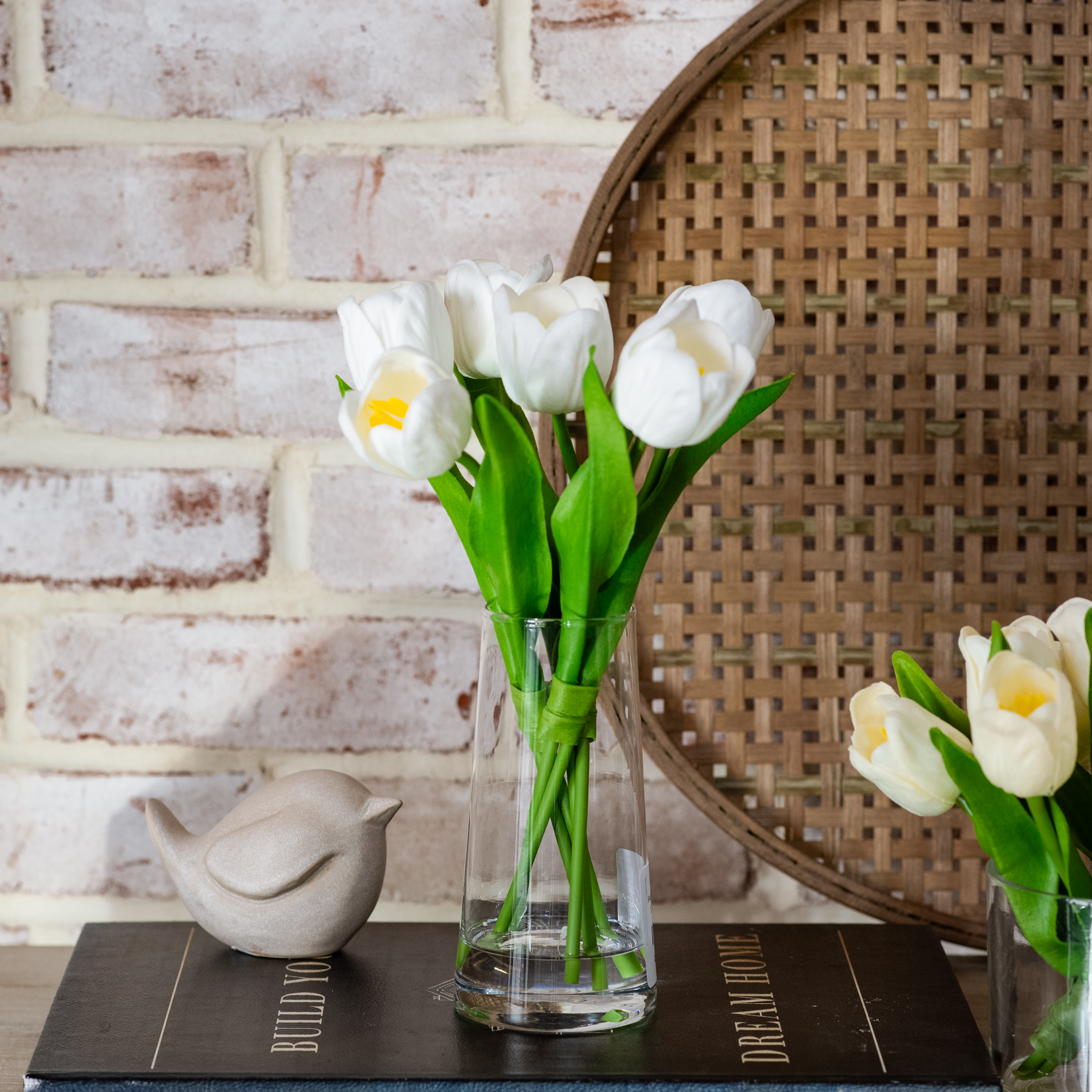 Faux White Tulips In Skinny Glass Vase
