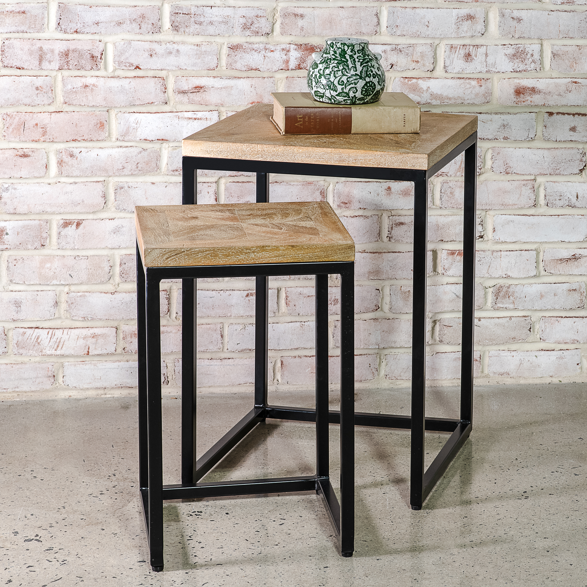 S/2 Wood/Iron Square Accent Tables