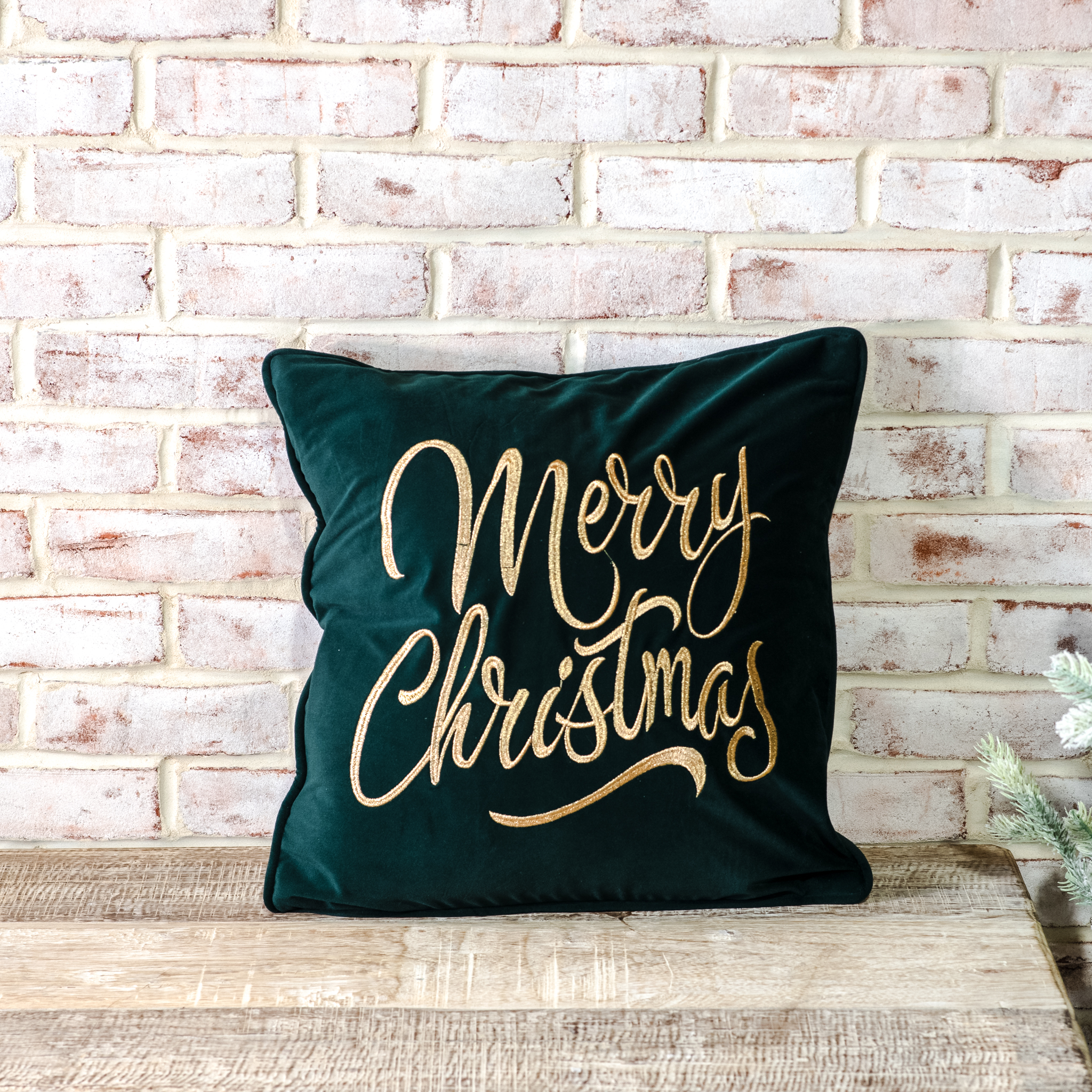 18" Merry Christmas Green Velvet Pillow