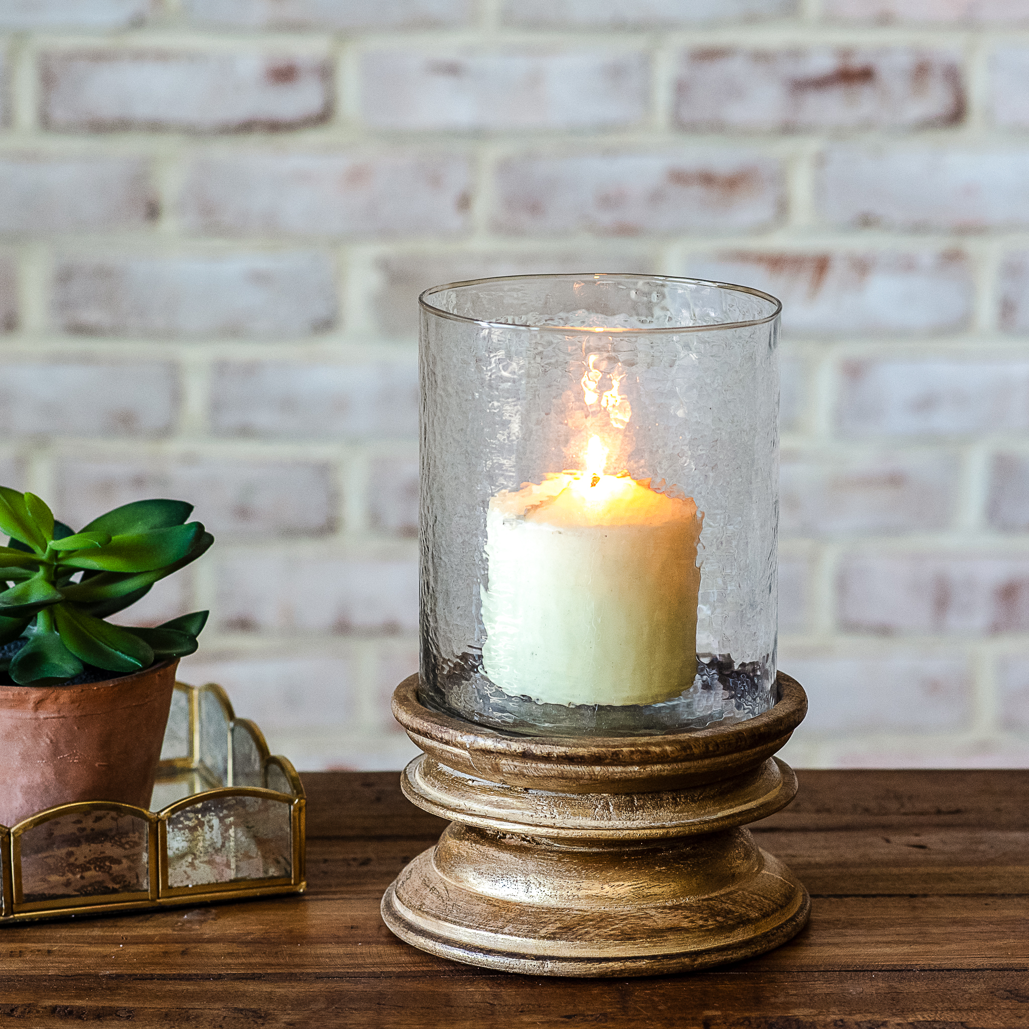 8.5" Gold Brush Wood/Glass Pillar Holder
