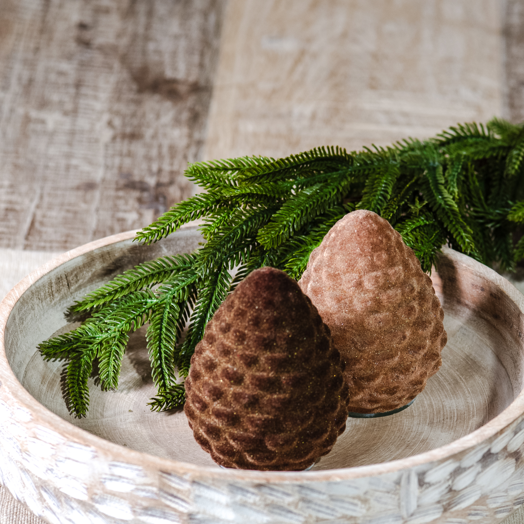 2 Asst. 4" Lt Brn/Dk Brn Flocked Pinecones