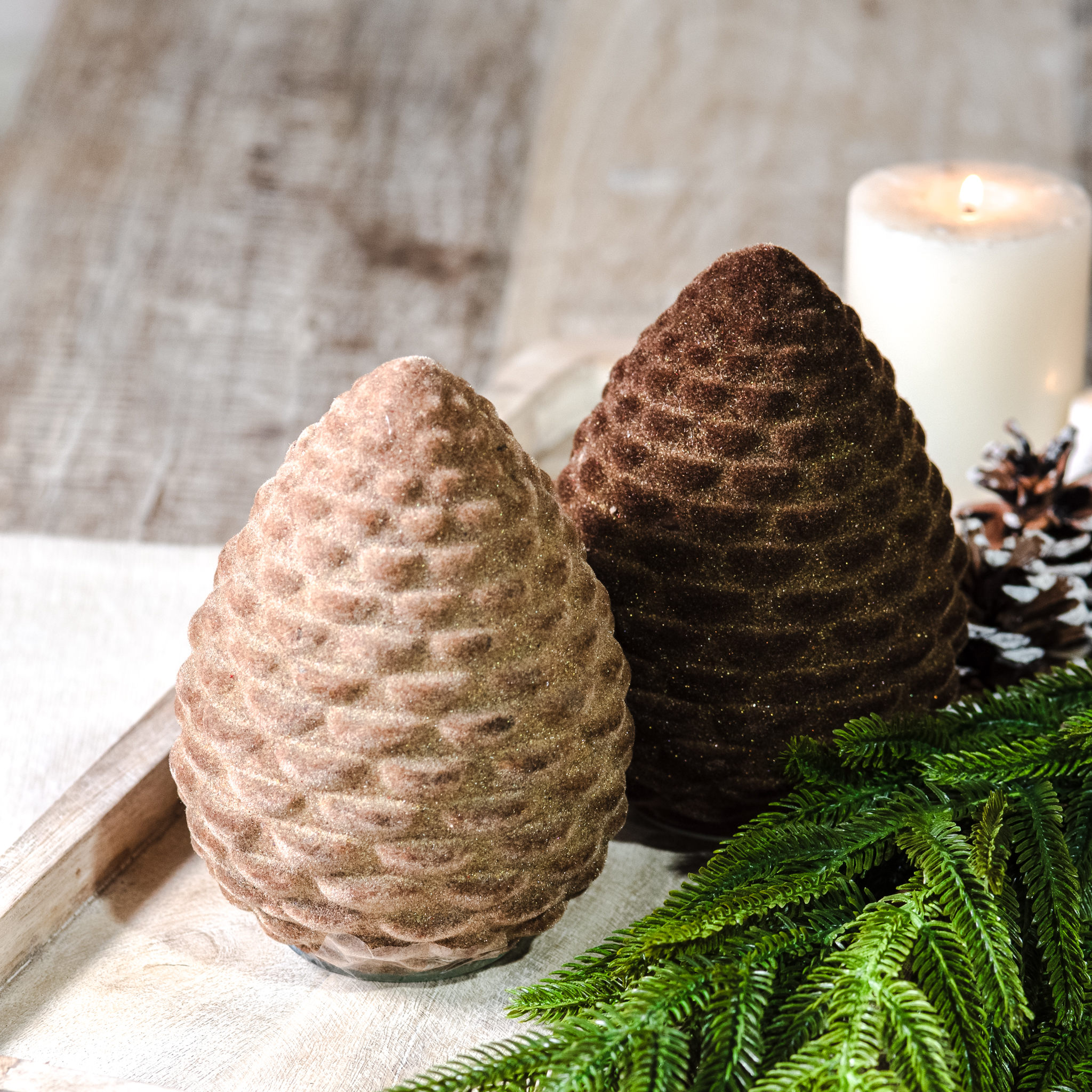 2 Asst. 6" Lt Brn/Dk Brn Flocked Pinecones