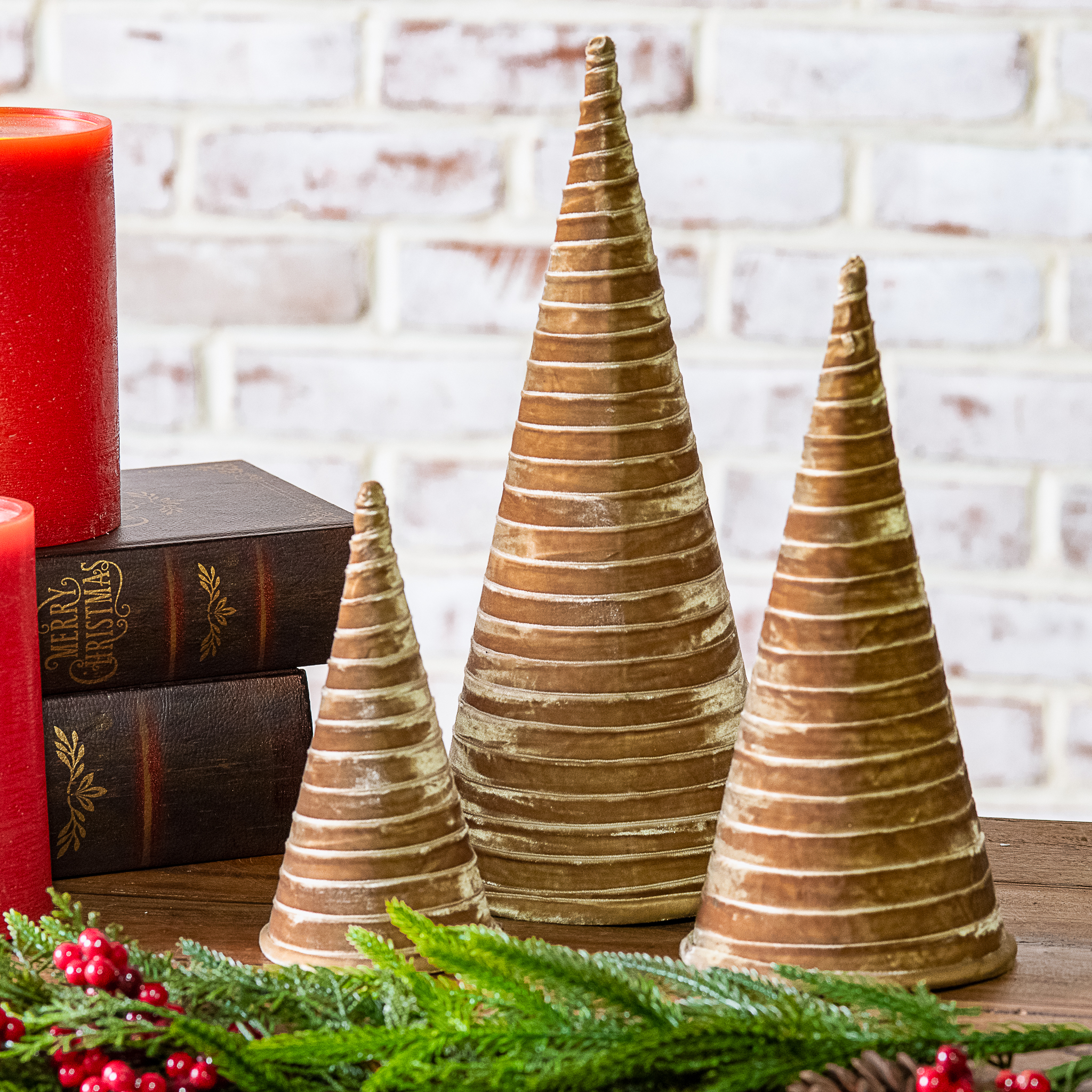S/3 Beige Velvet Cone Trees