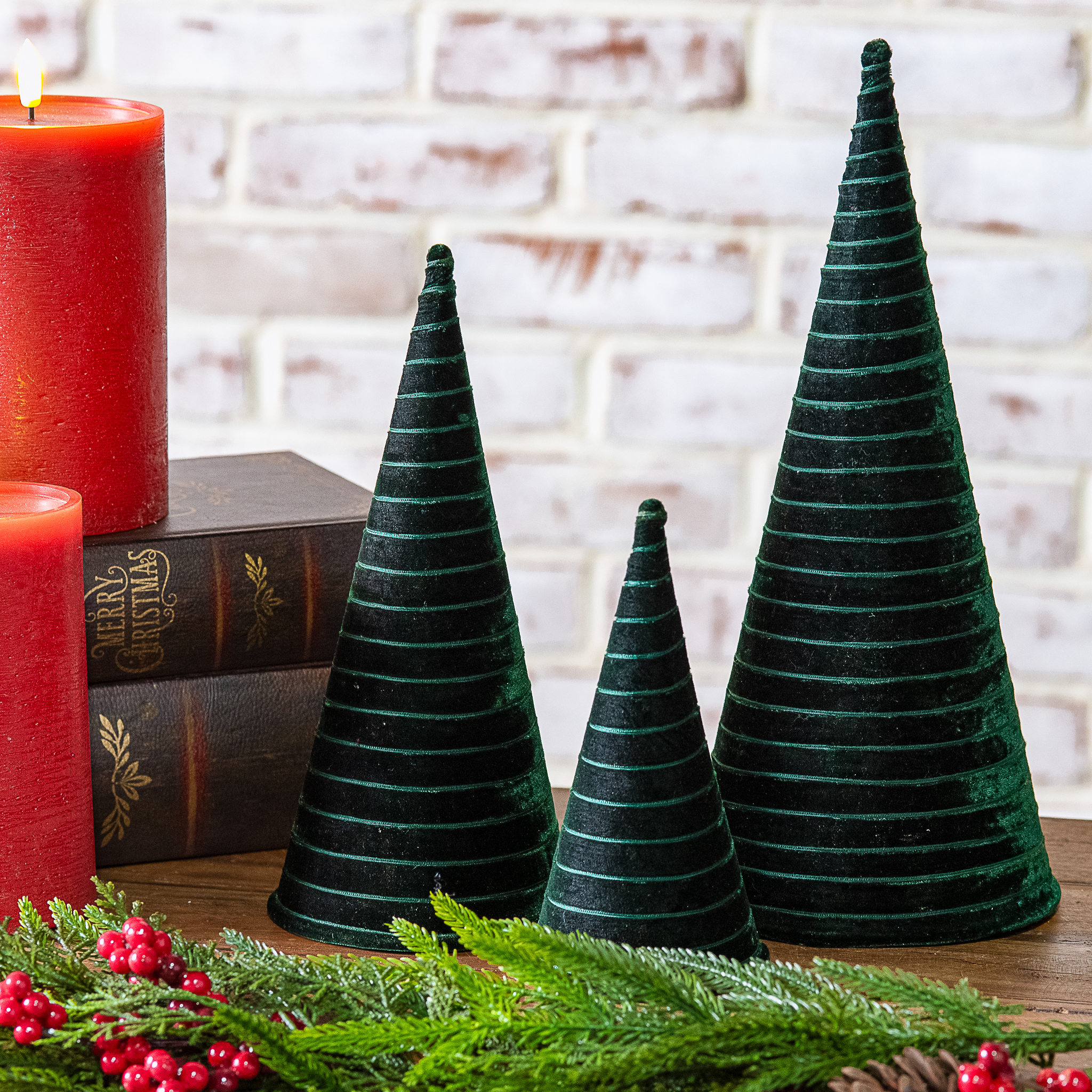 S/3 Emerald Velvet Cone Trees