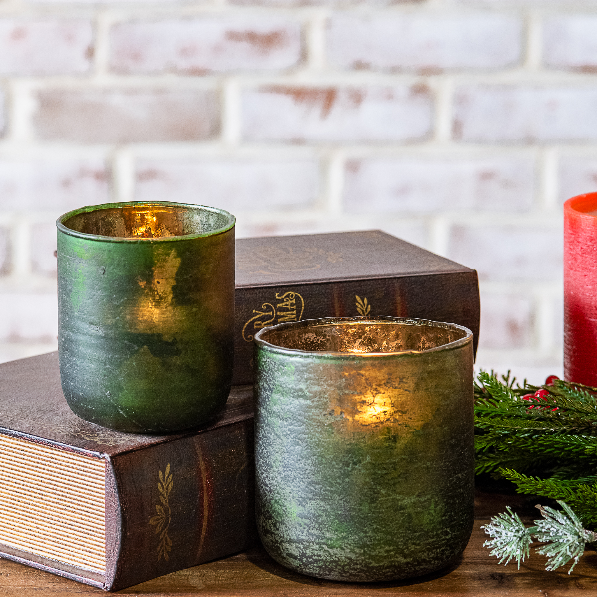 S/2 Green Glass Candle Holders