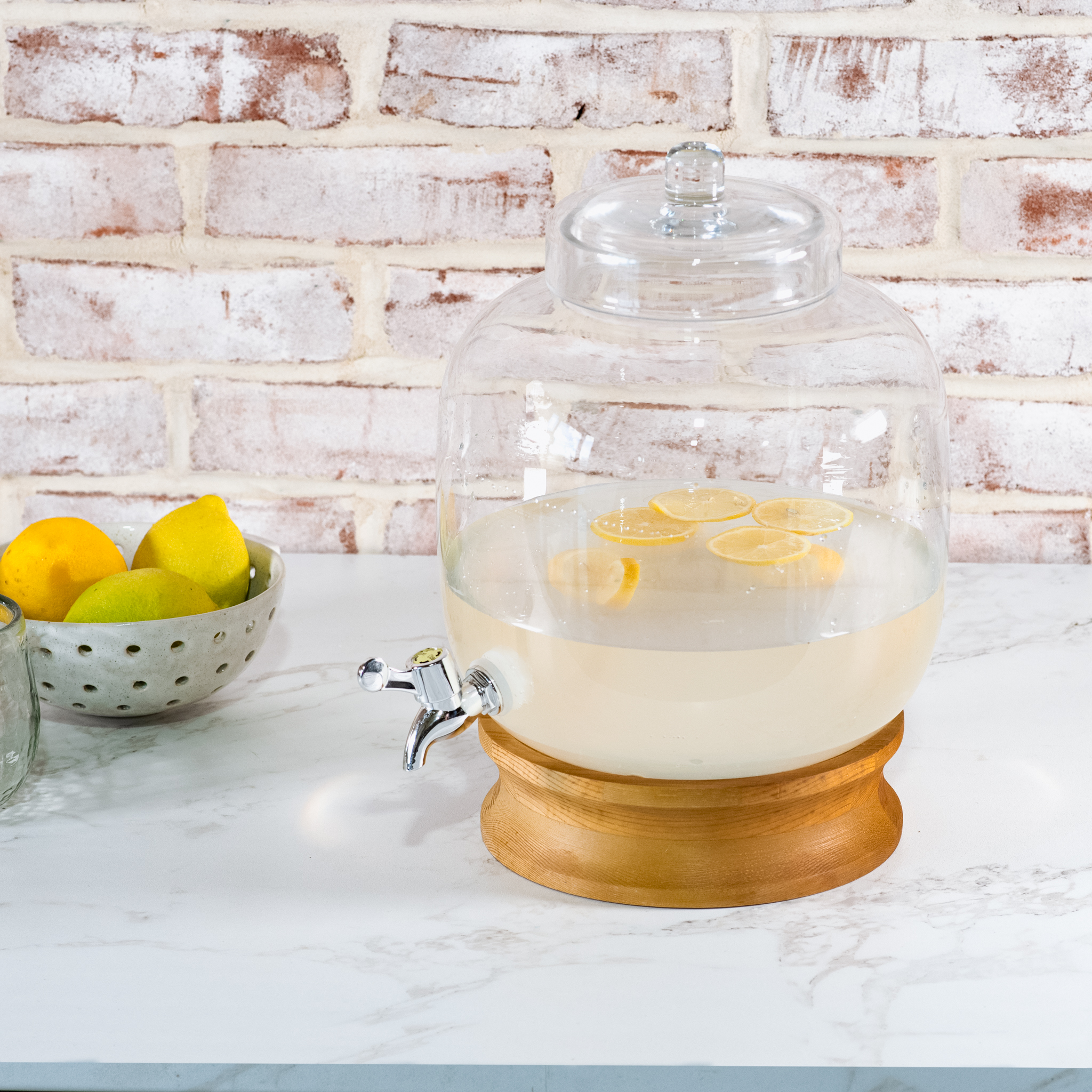 13" H Glass Drink Disp. Wood Base