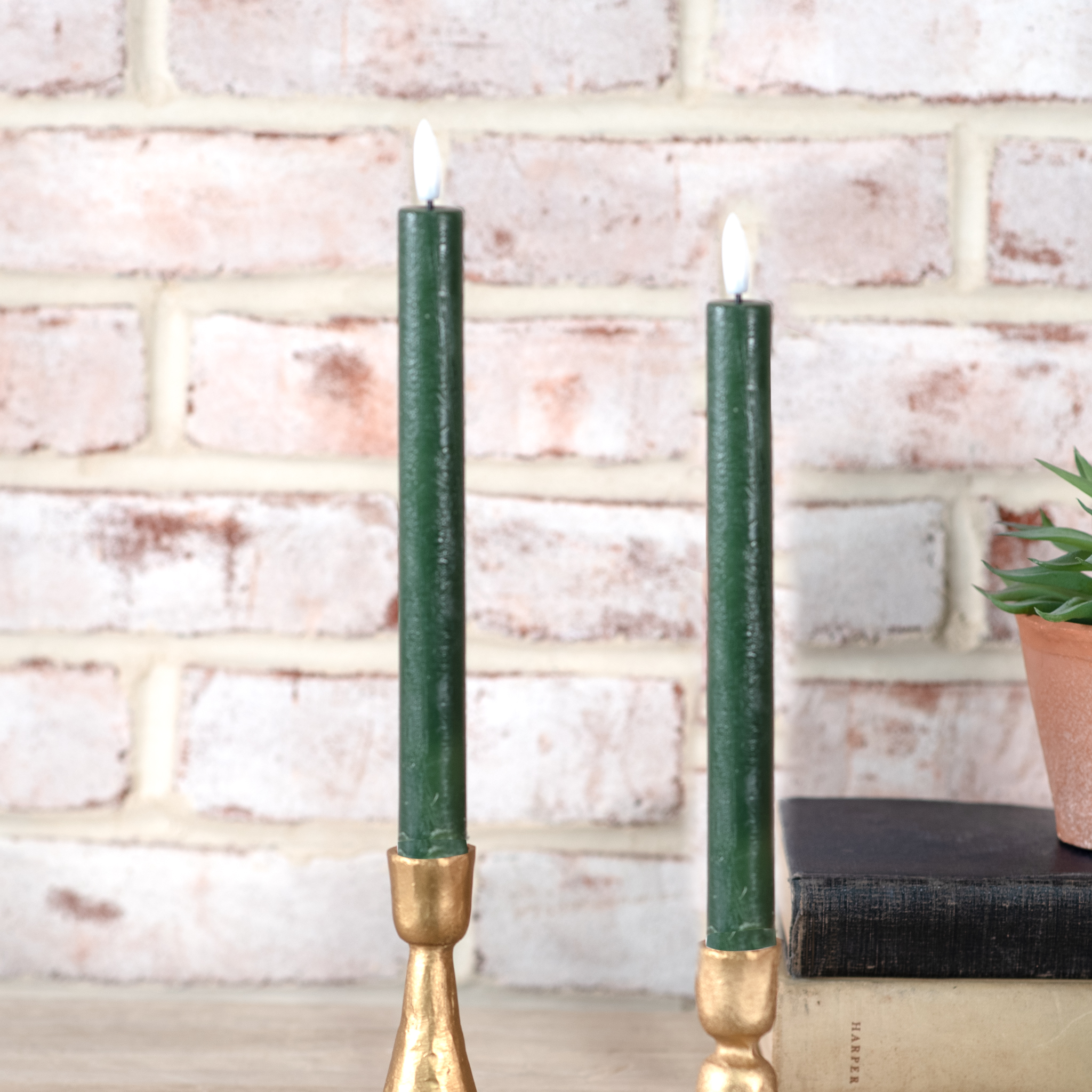 *Inner* 2 Pc Green Led Taper Candle Set