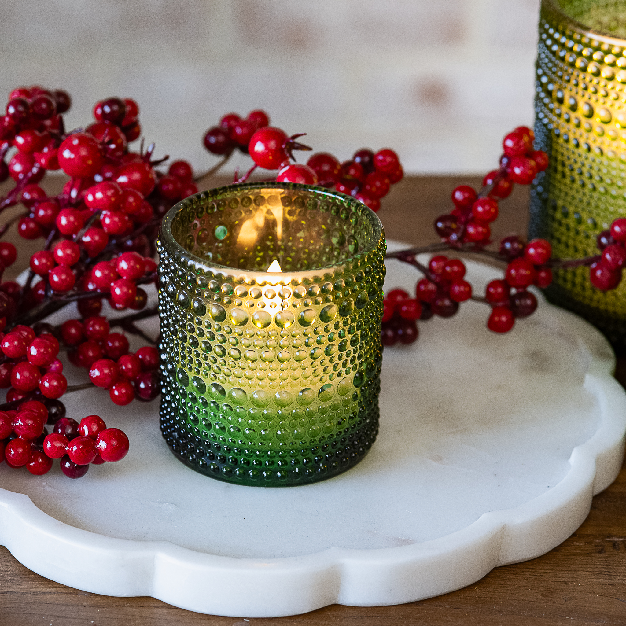 3" Green Led Beaded Glass Candle