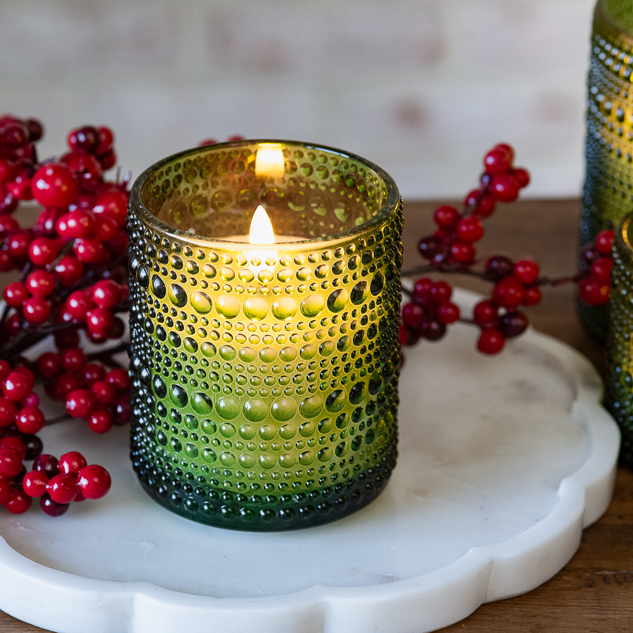 4" Green Led Beaded Glass Candle
