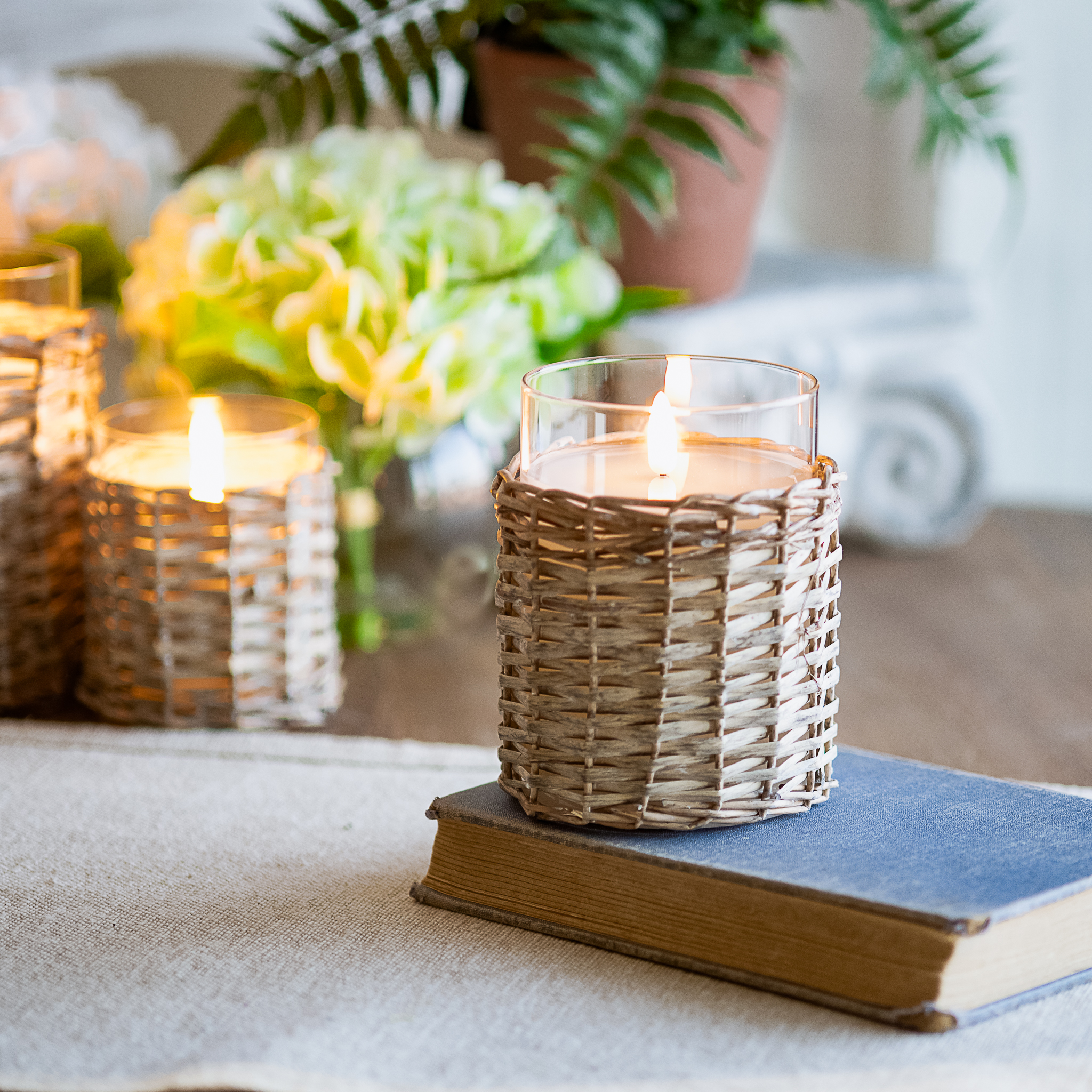 *Inner* 4" W. X 5" H. Led Glass/Wicker Candle