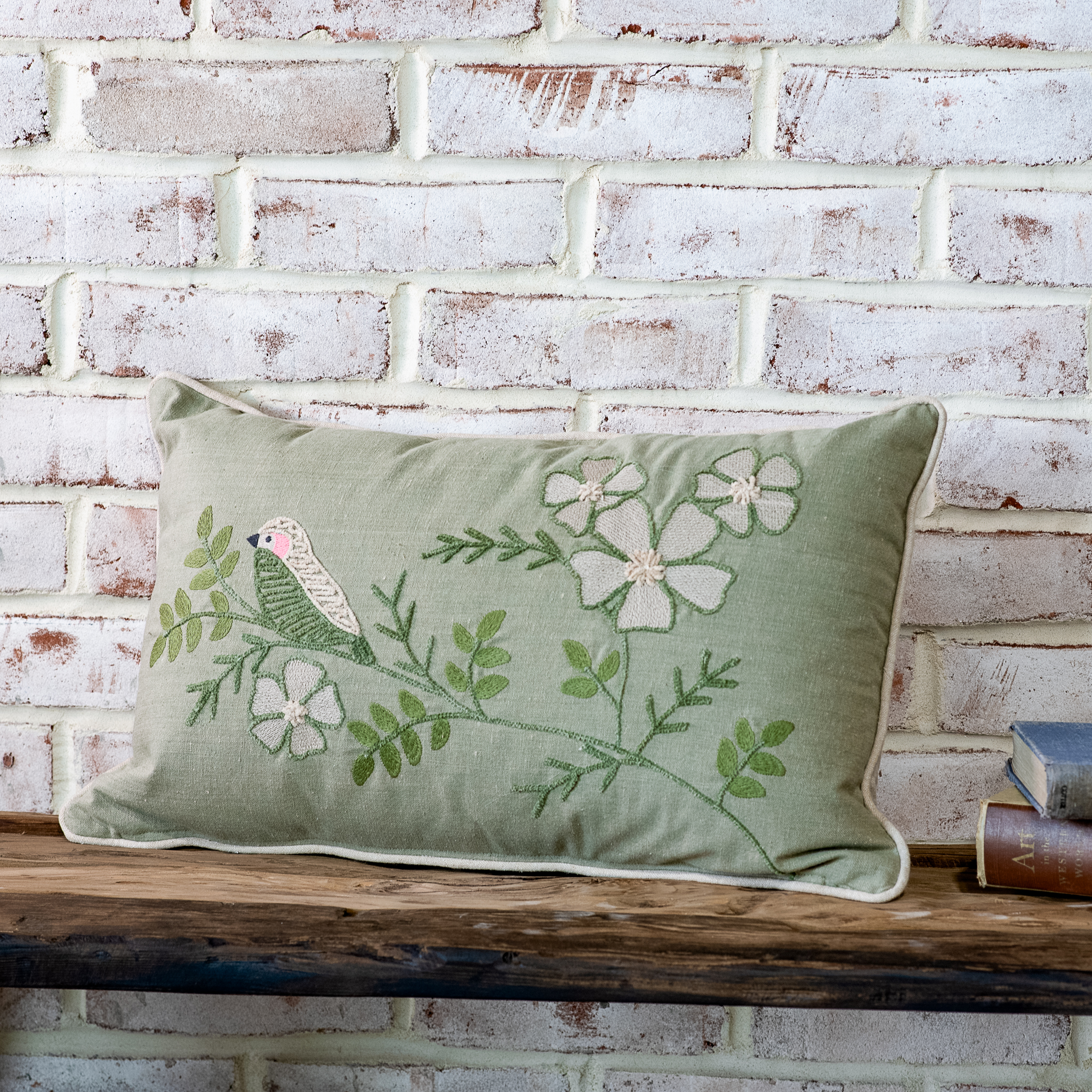 12" X 20" Sage Bird On Branch Pillow