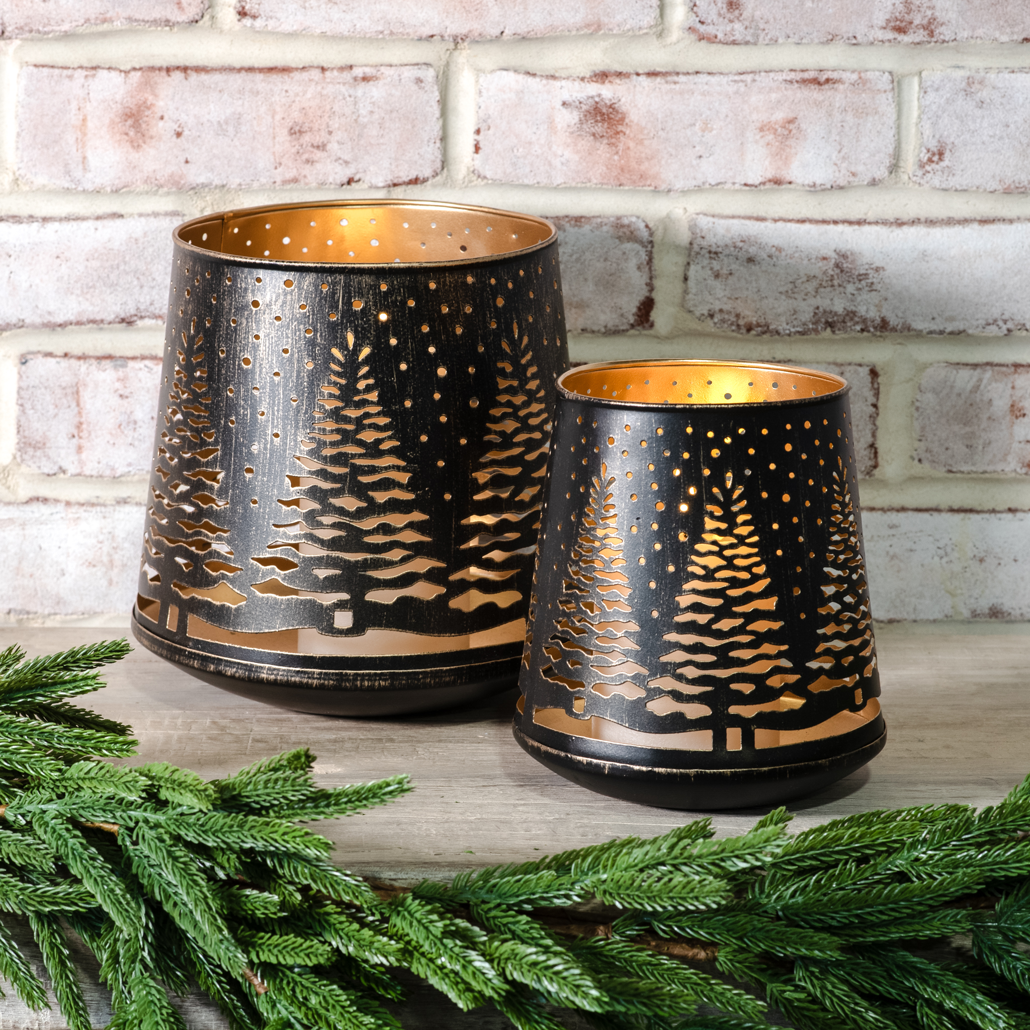 S/2 Blk/Gold Tin Tree Lanterns