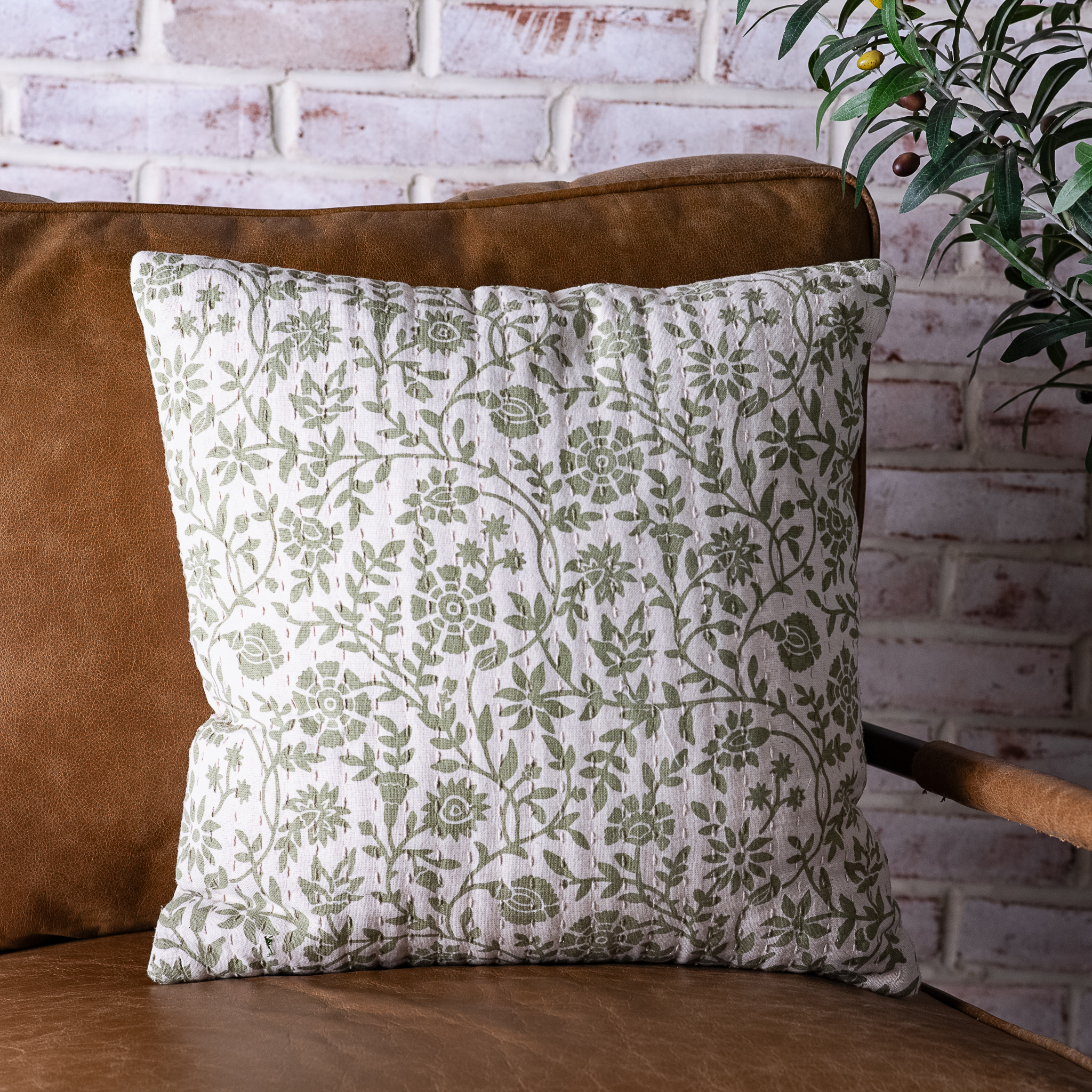 18" Green Floral Pillow