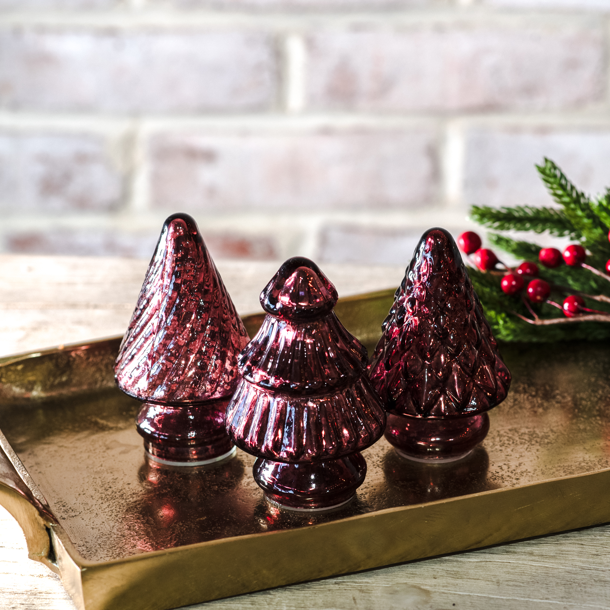 *Inner* 3 Asst 3.75"H Burgundy Glass Trees