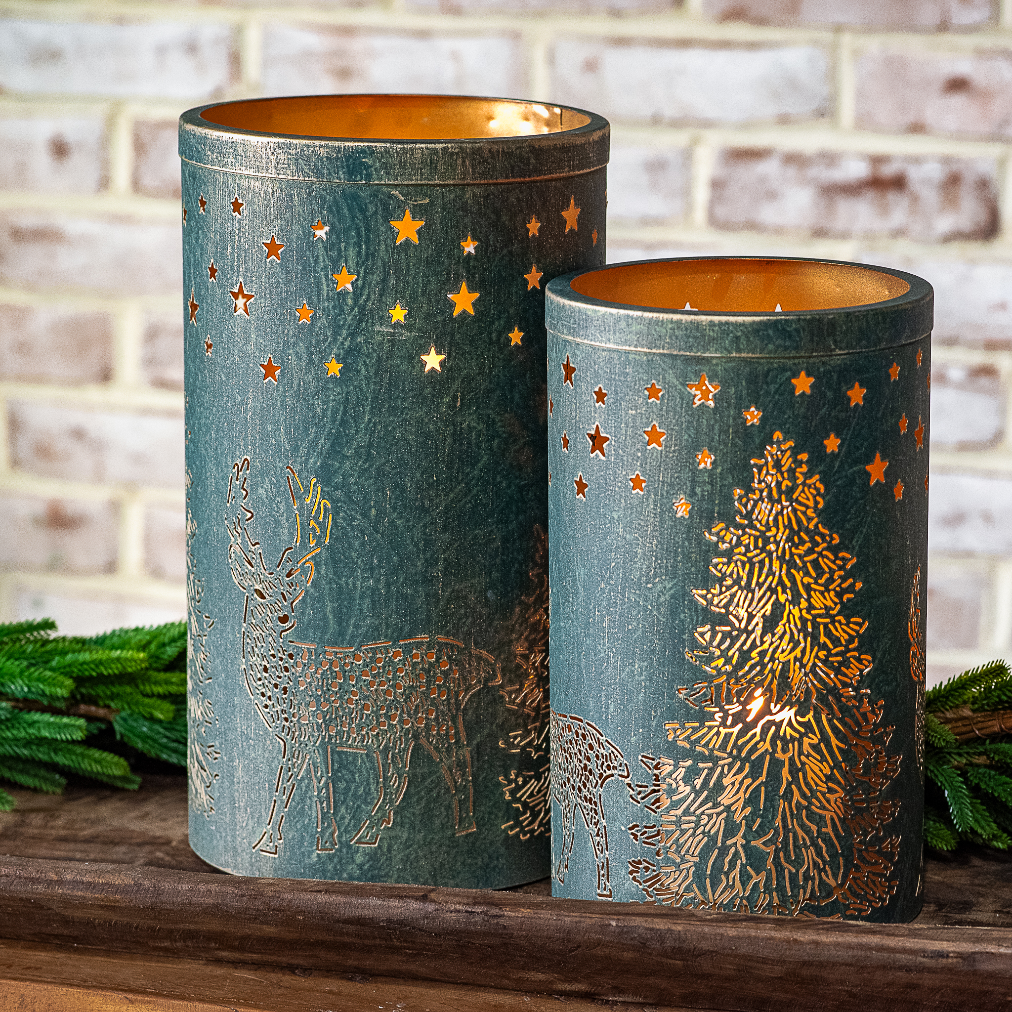 S/2 Drk. Green Forest Deer Design Lantern