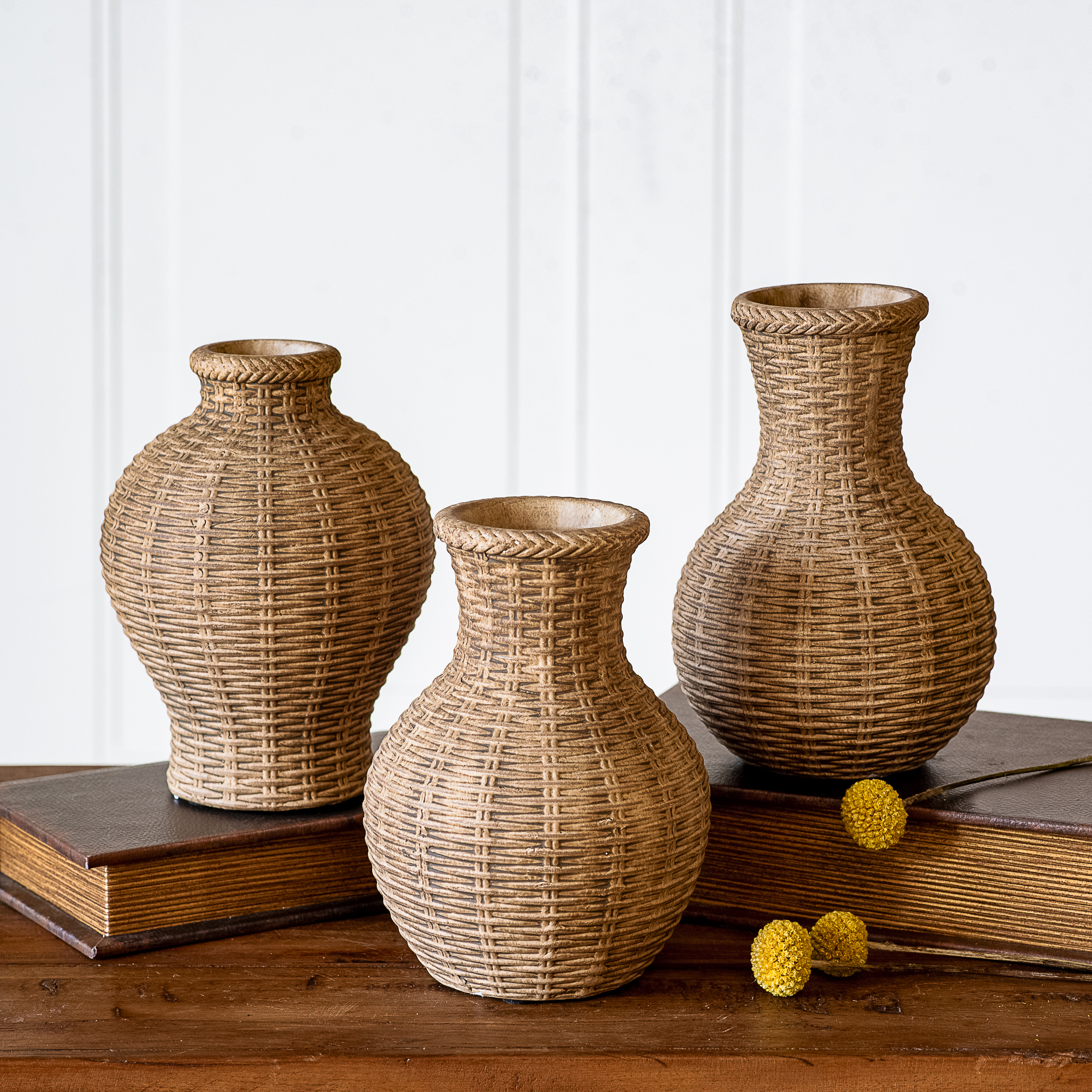 3 Asst 6.5" Nat. Weave Stoneware Vases