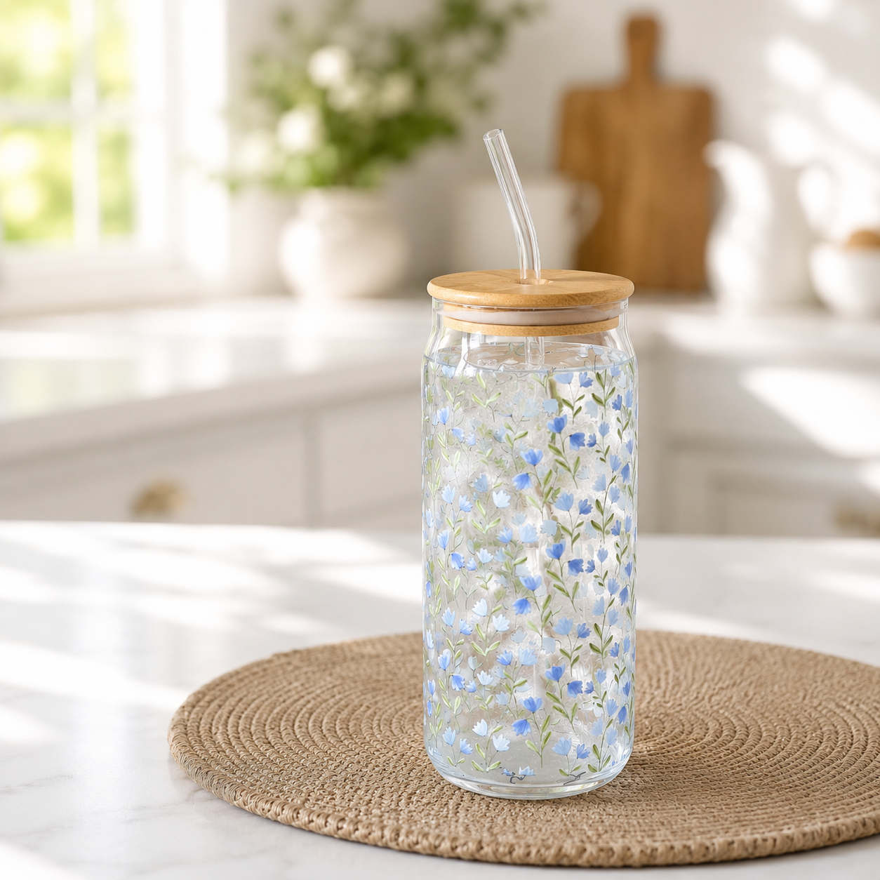 *Inner* 25Oz Sp. Floral Glass Drink Cup W/Straw
