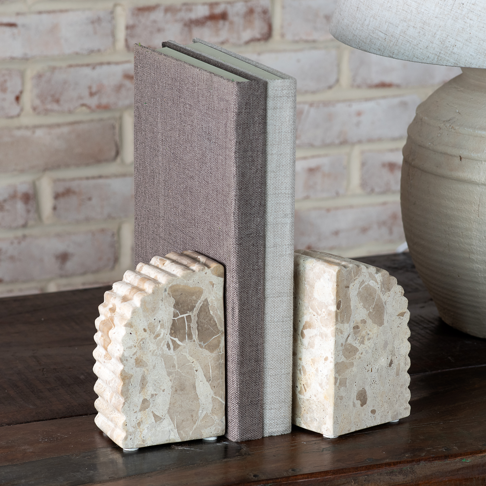 2 Pc Beige Marble Scallop Bookends