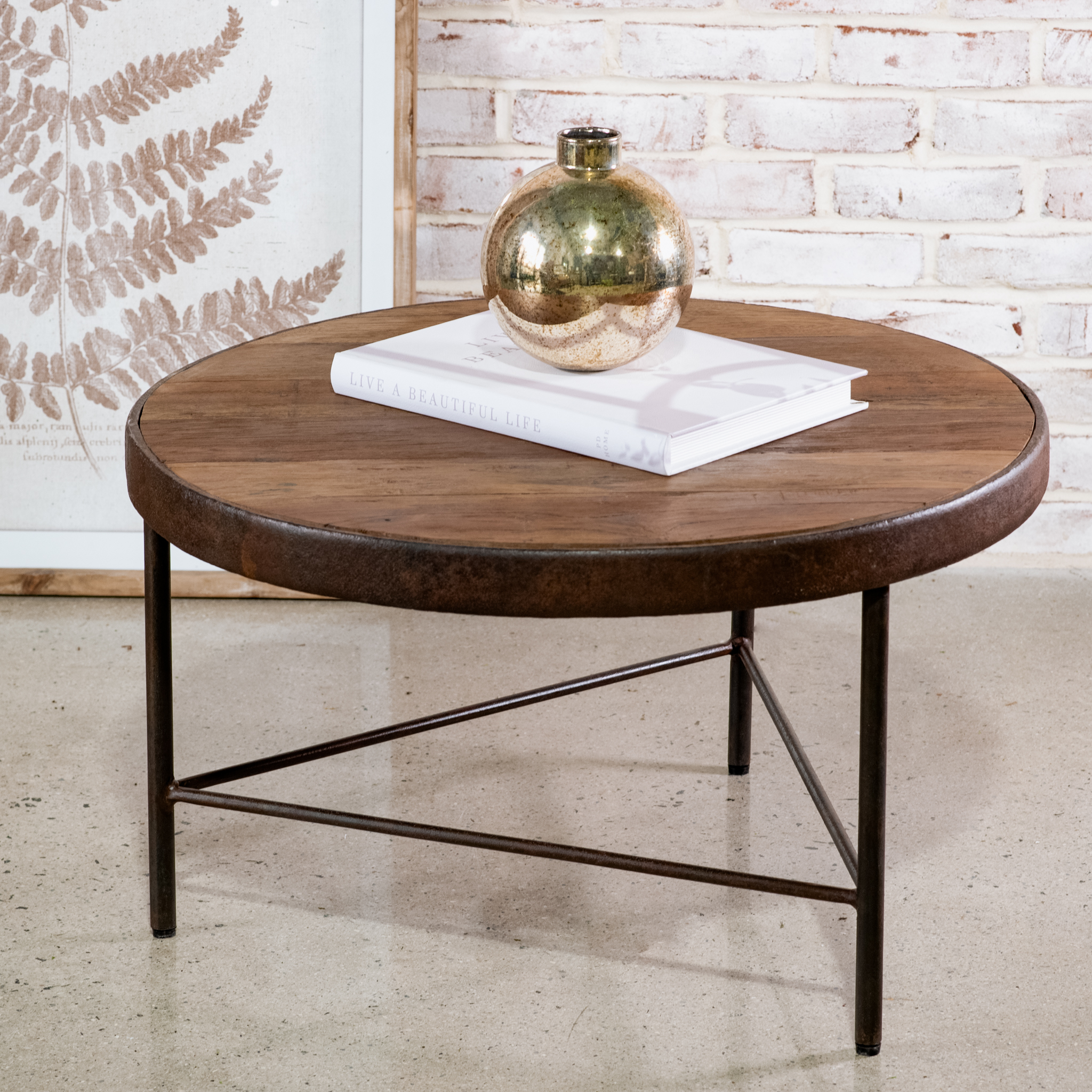 28"Dia Wood & Iron Round Table Heavily Distressed