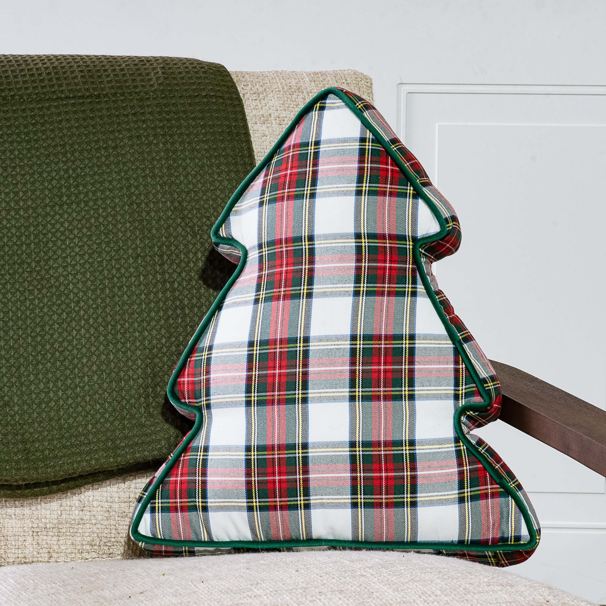 18" Tree Shaped Plaid Pillow