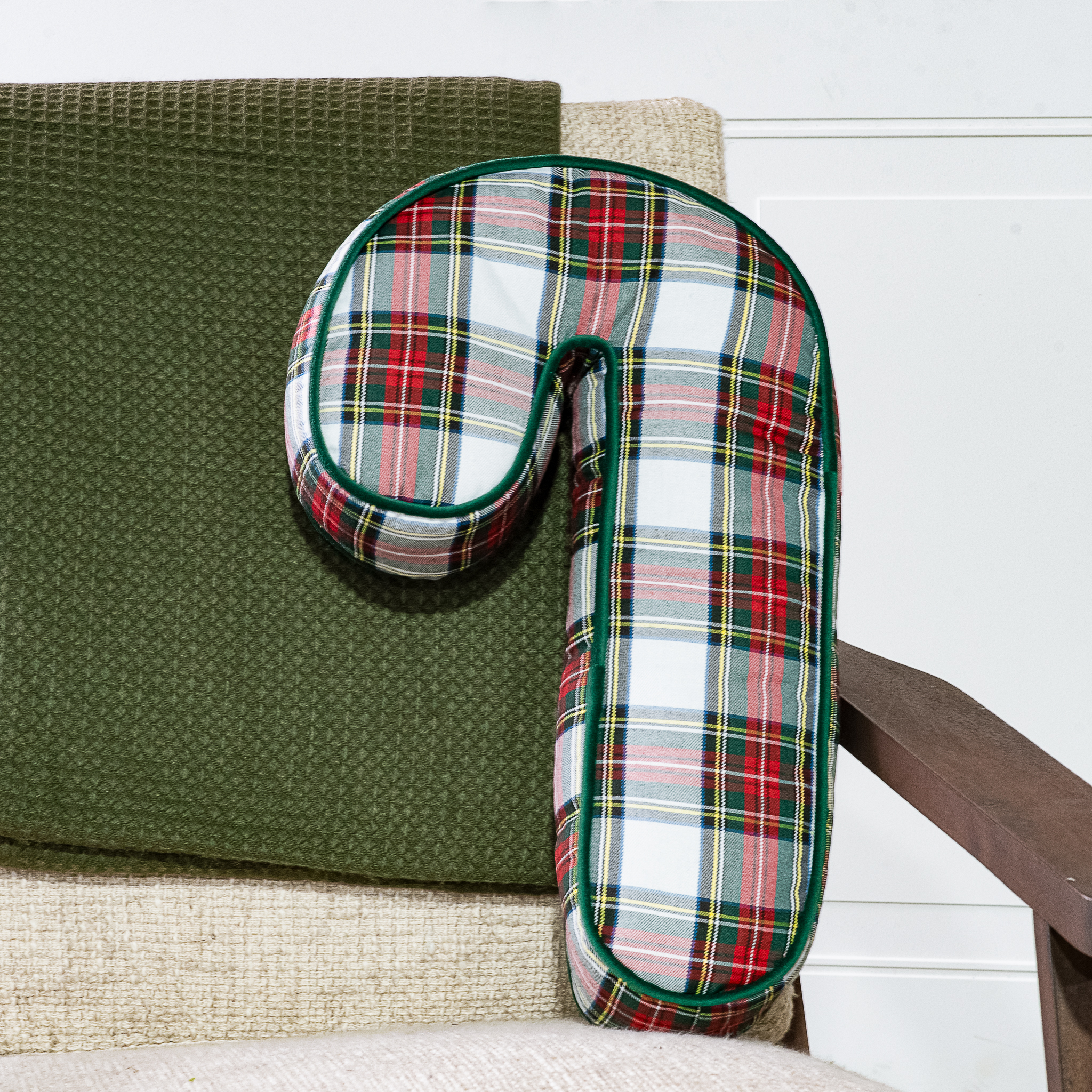 18" Candy Cane Shaped Plaid Pillow