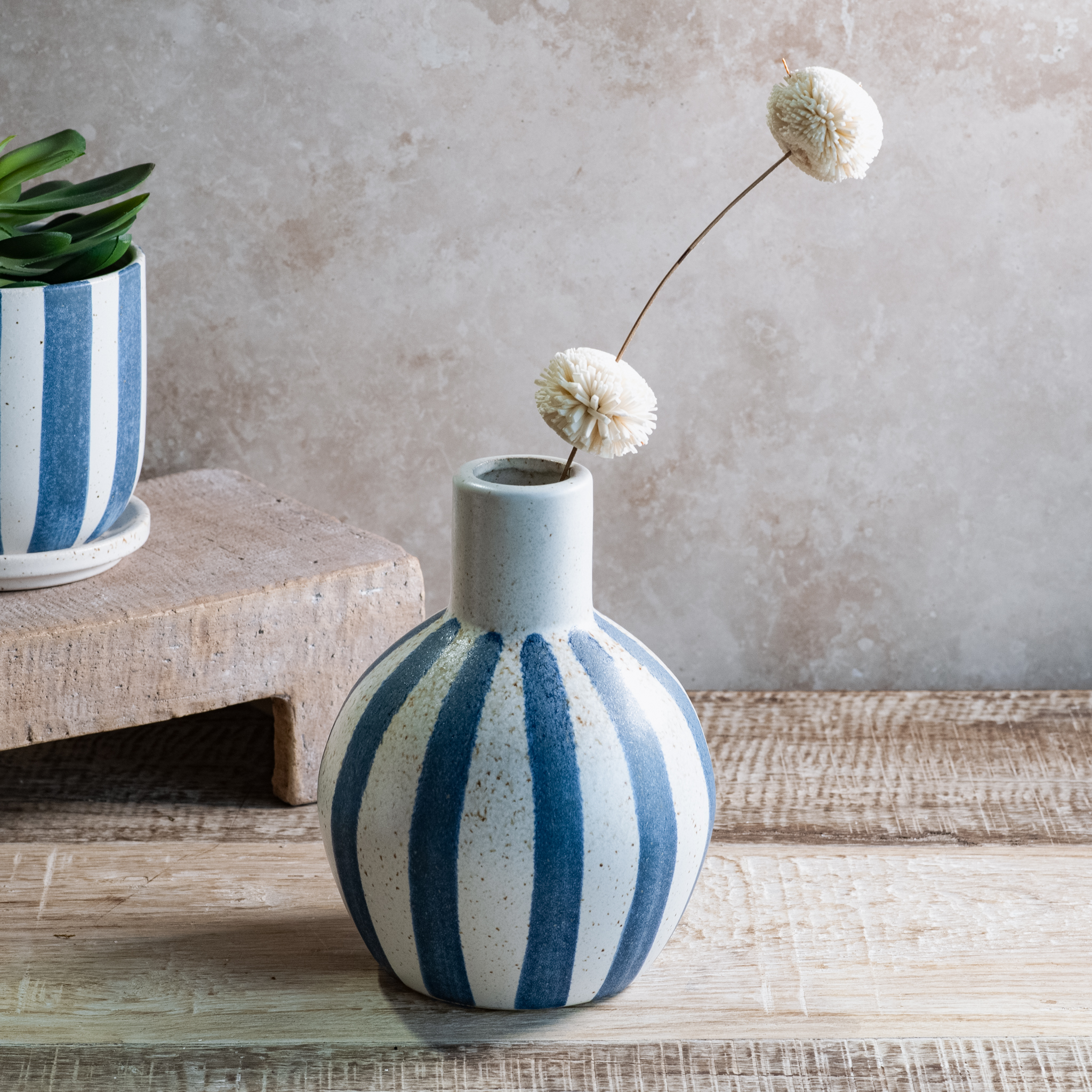 8" Matte Blue Stripe Ceramic Vase