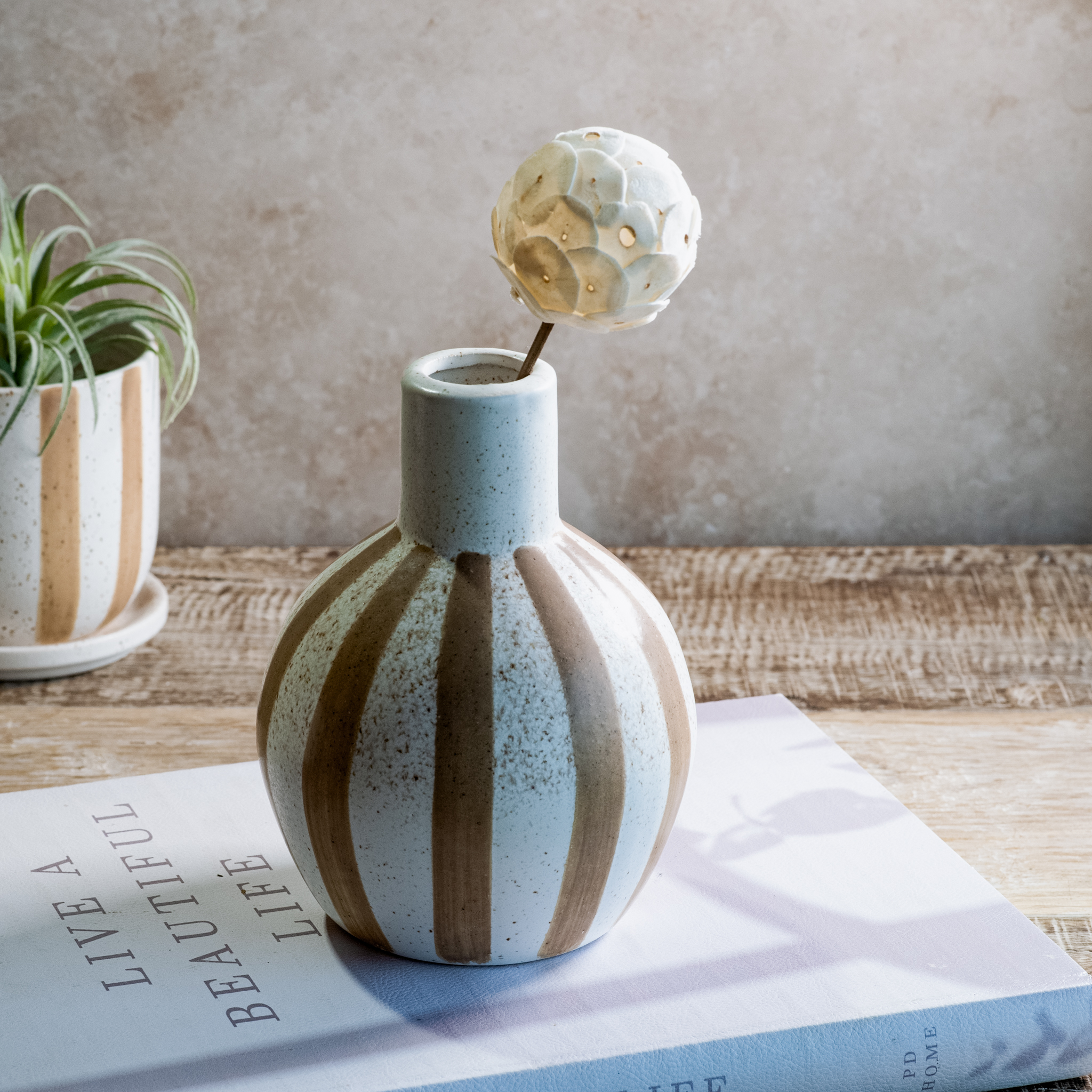 8" Matte Brown Stripe Ceramic Vase