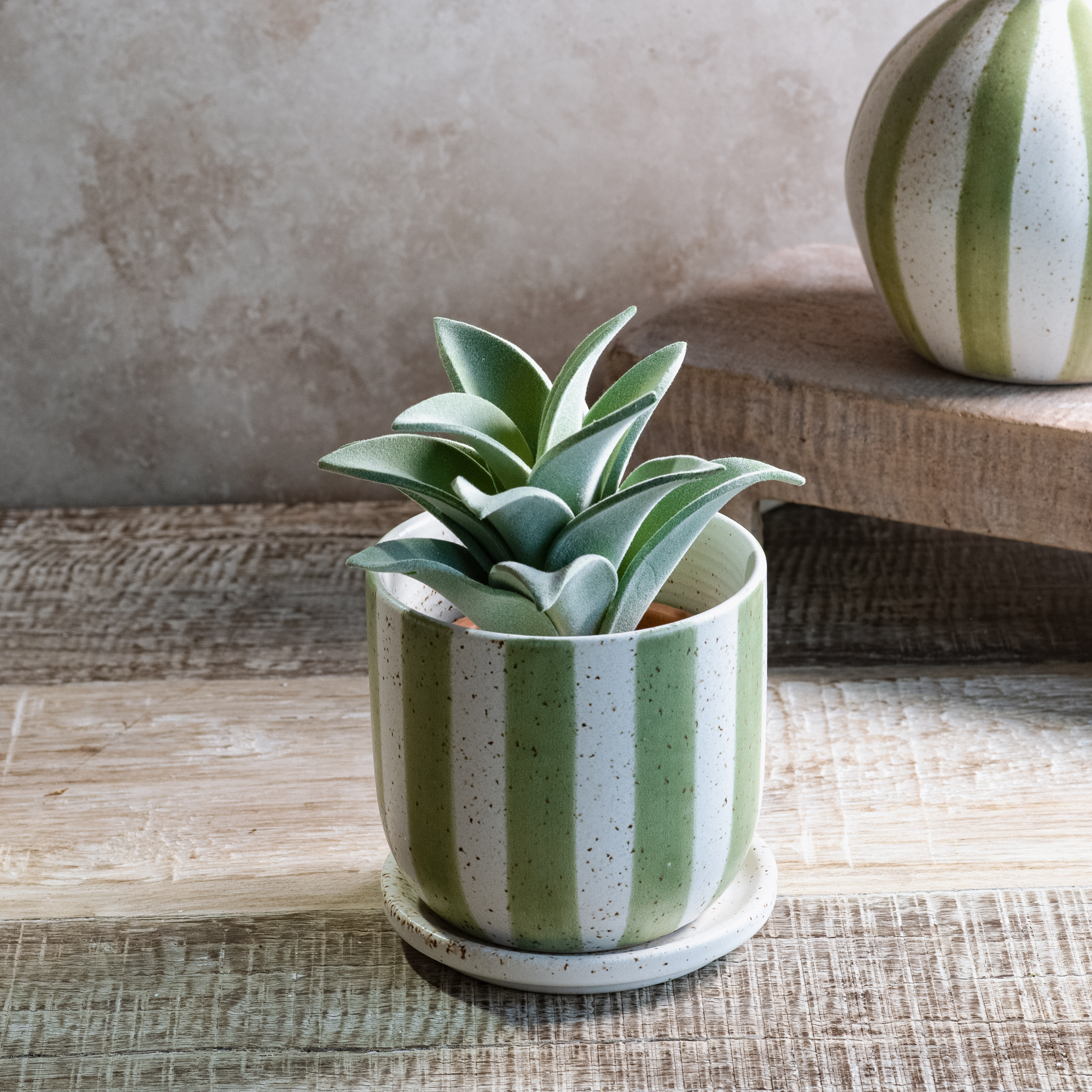 4.5" Matte Green Stripe Ceramic Planter