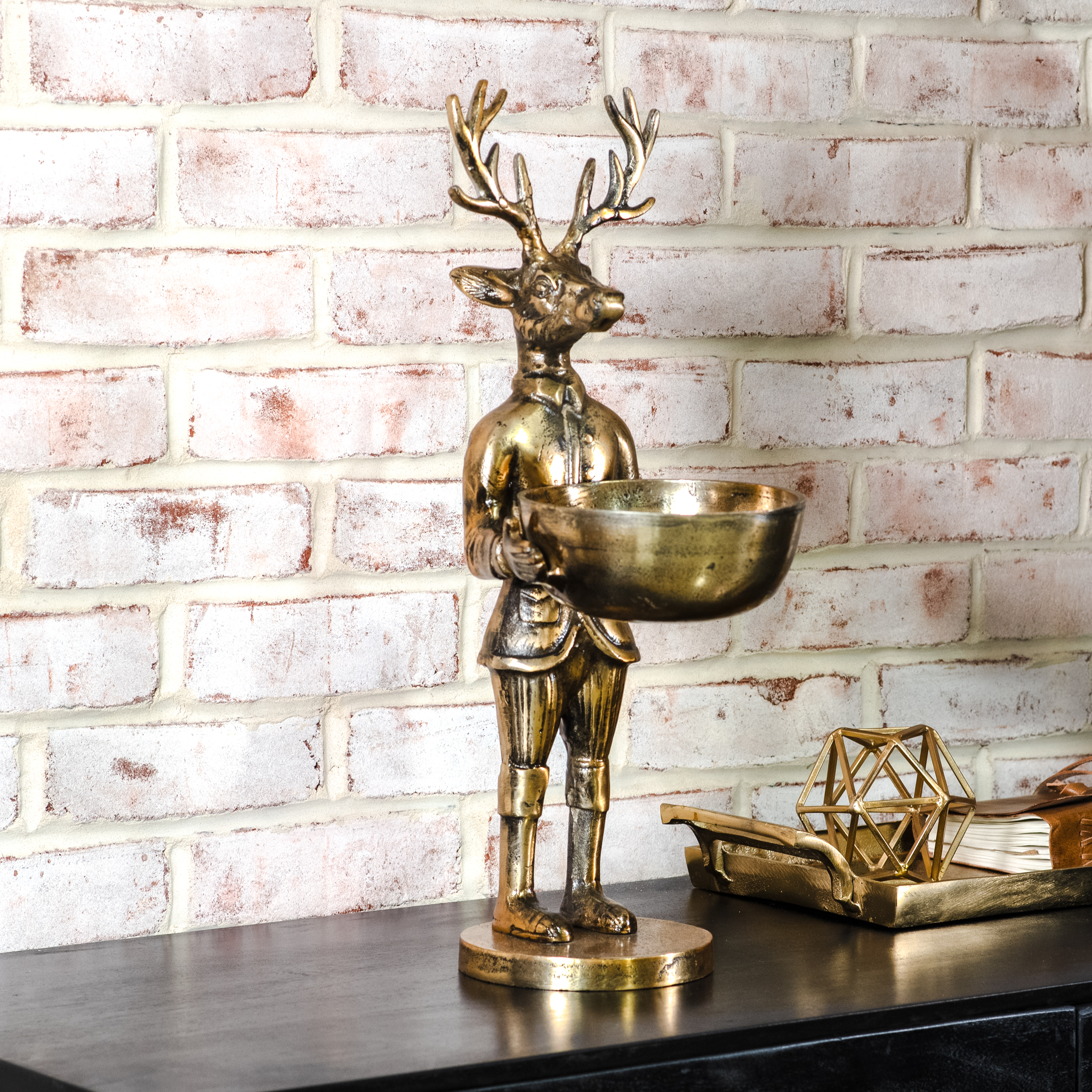 19" Ant. Gold Deer With Bowl