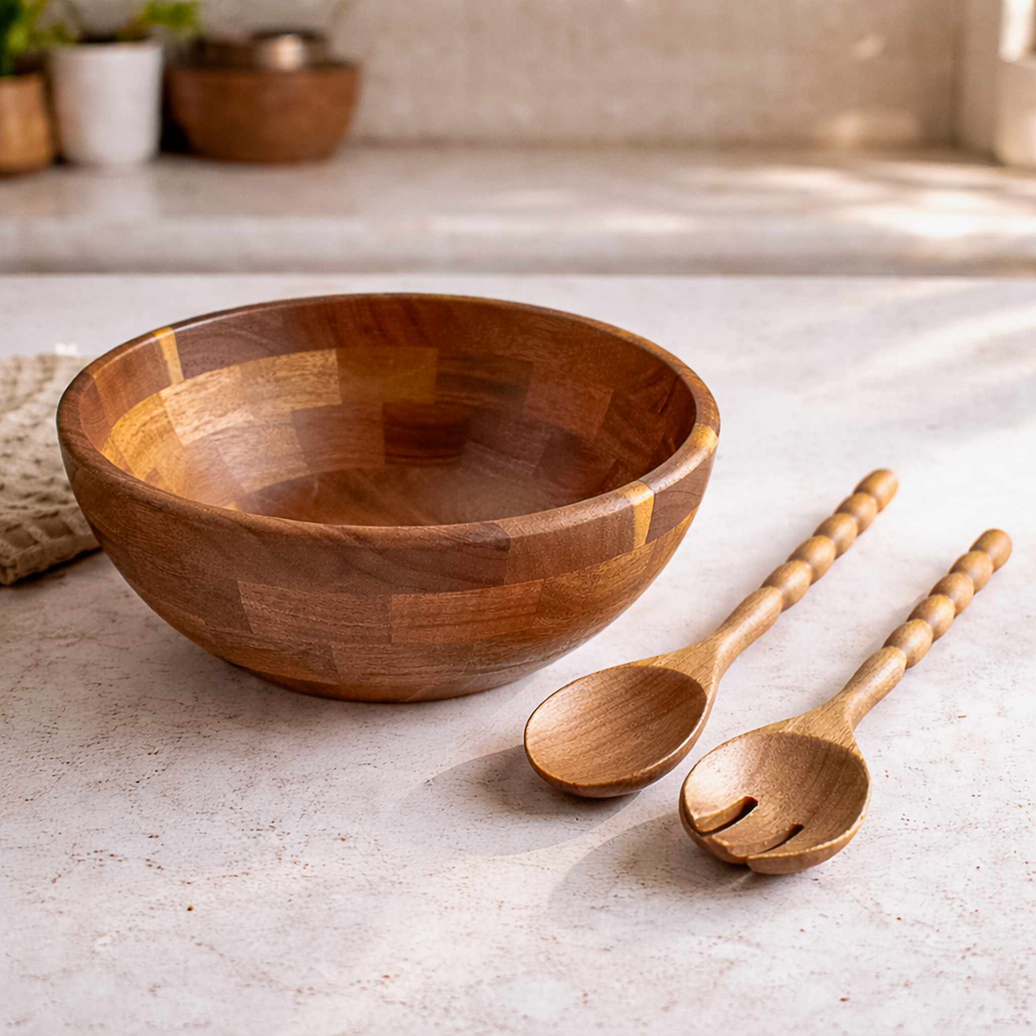 10.25" Wood Salad Bowl W/2 Spoons