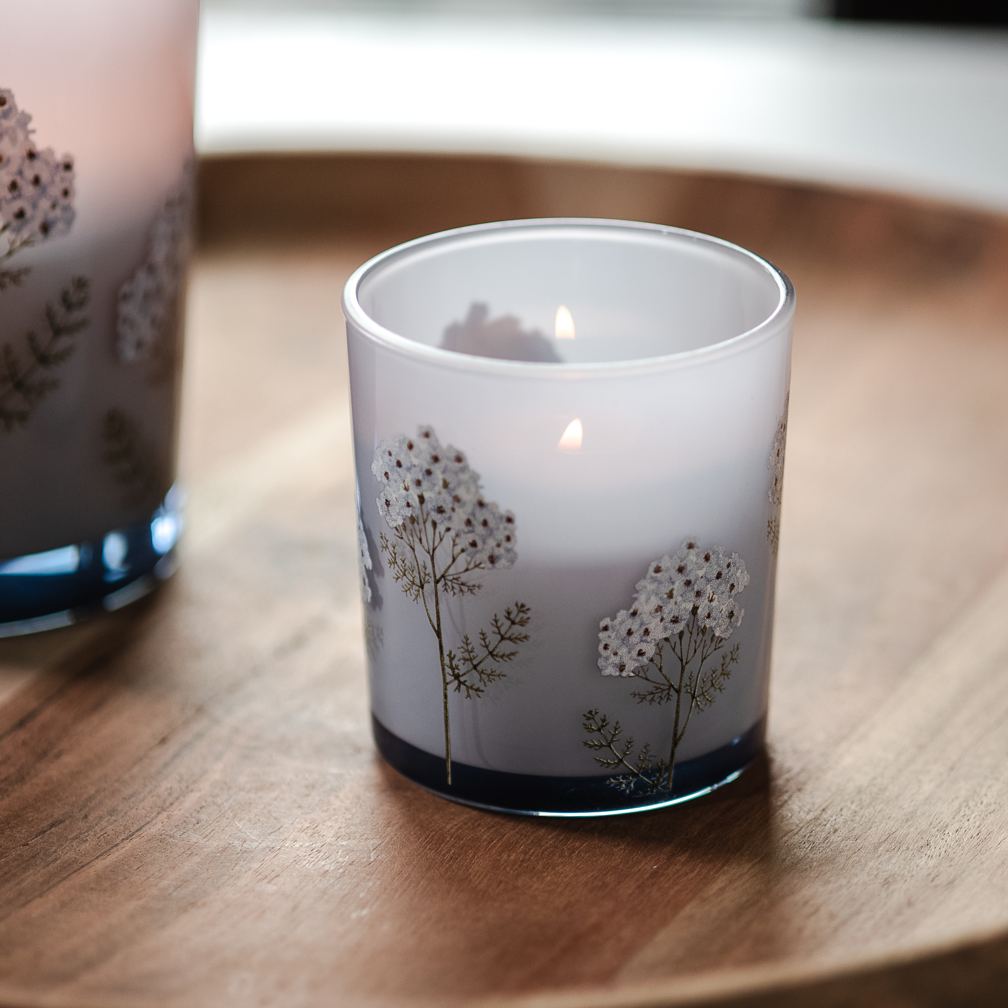 *Inner* 3" Lt. Blue Glass Floral Candle Jar