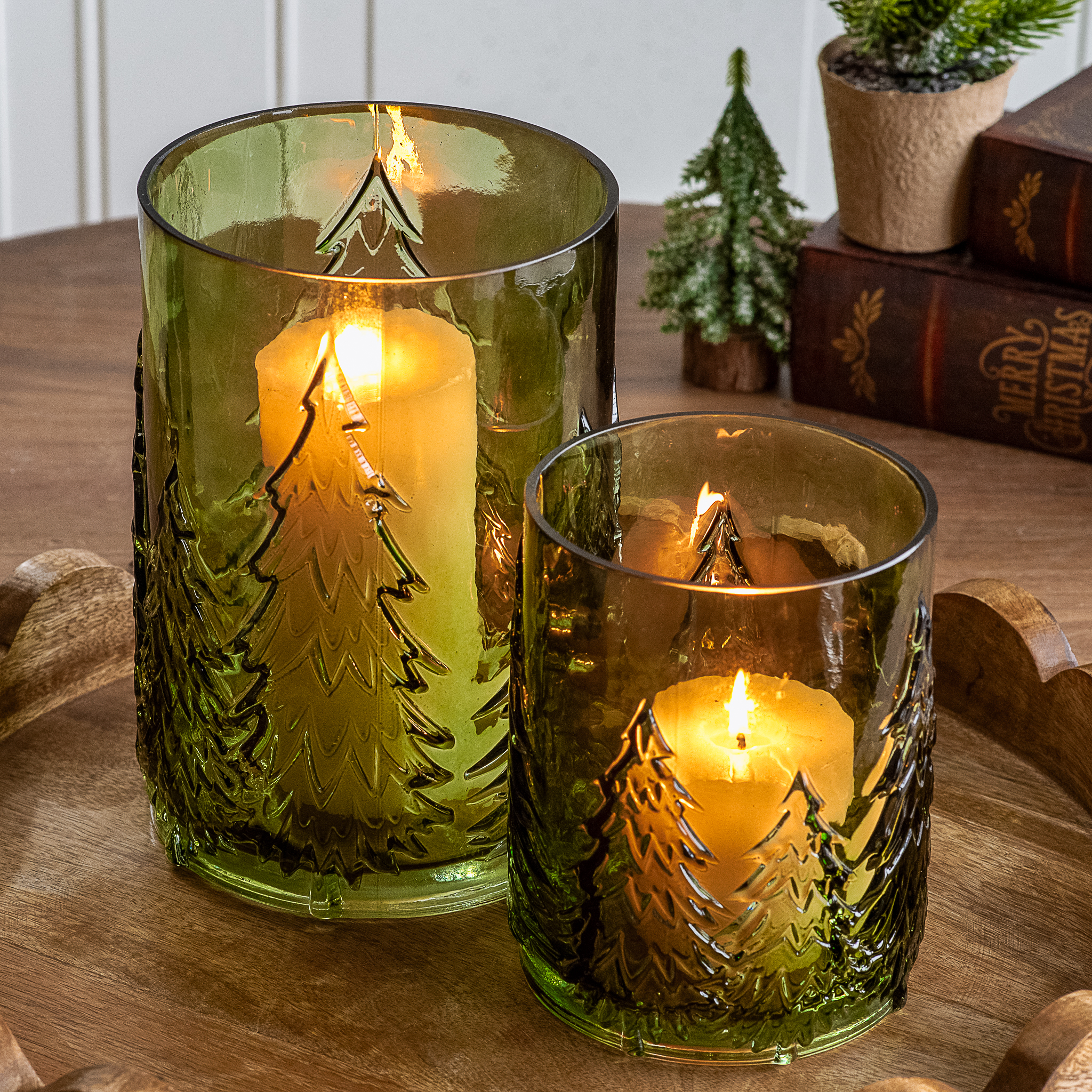 S/2 Green Glass Tree Candle Holder