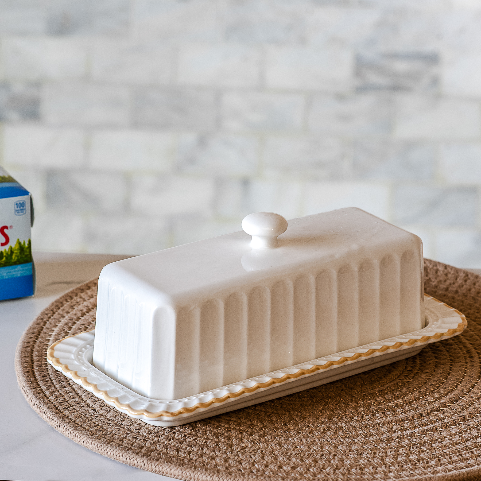 *Inner* 8.7" White Stripe Butter Dish