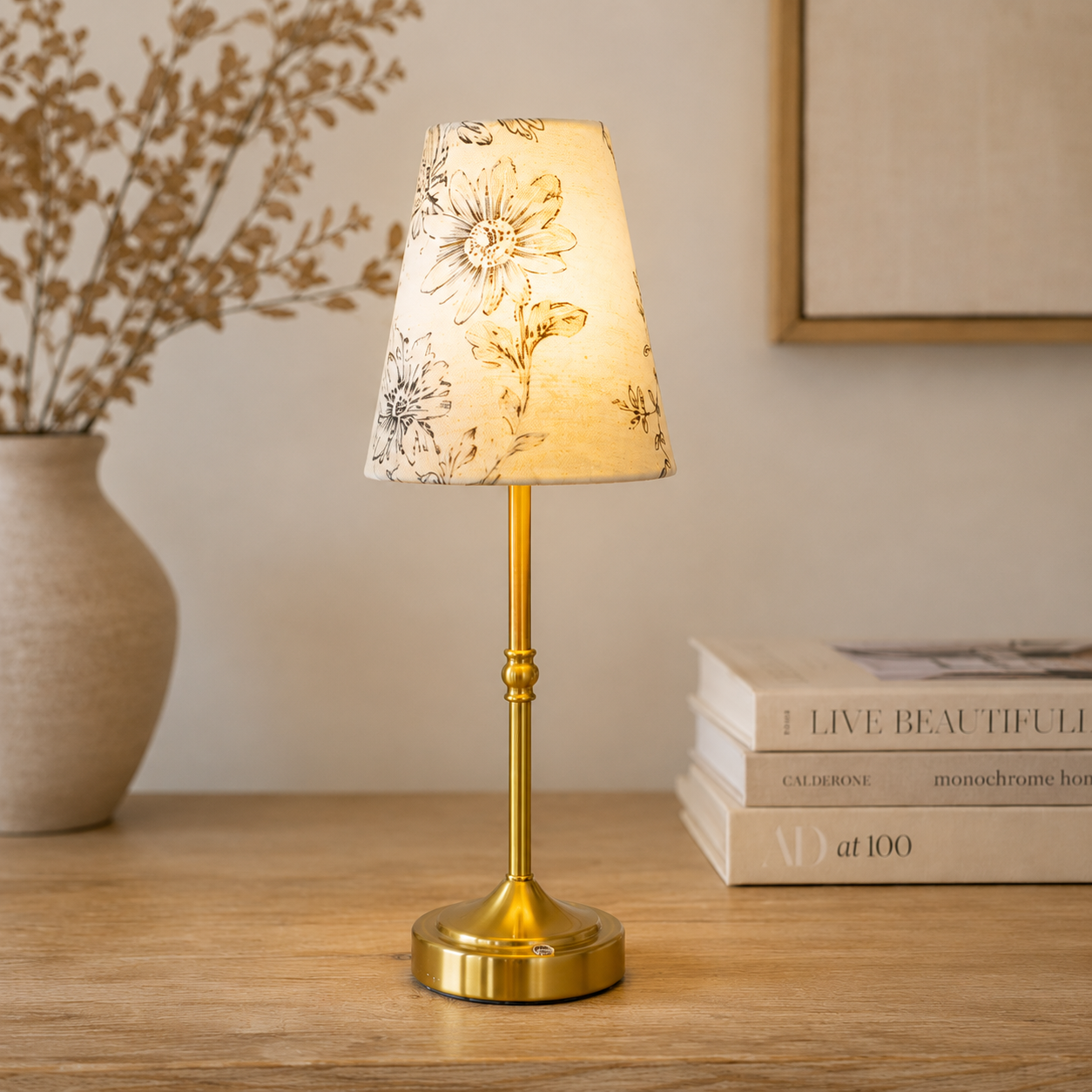 17" Led Lamp W/ Iv Floral Lampshade