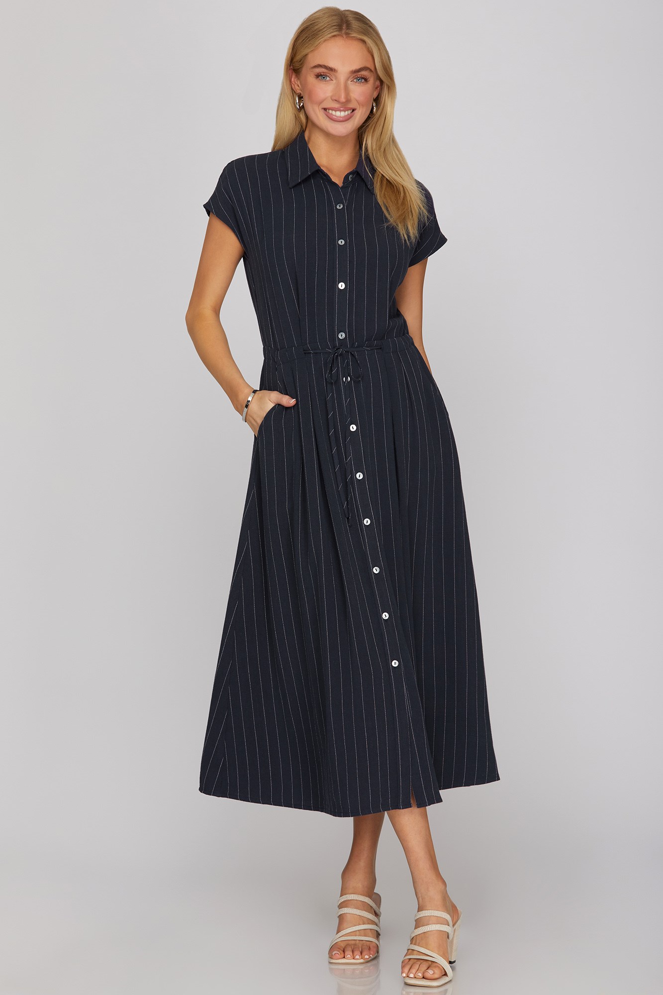 Drop Sleeve Woven Stripe Button Down Midi Dress With Waist Tie And Pockets