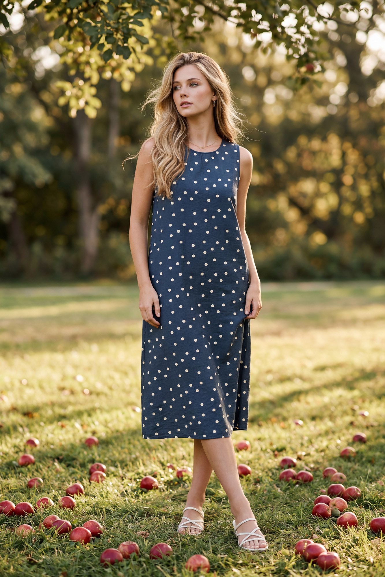Sleeveless Woven Polkadot Print Midi Dress With Pockets