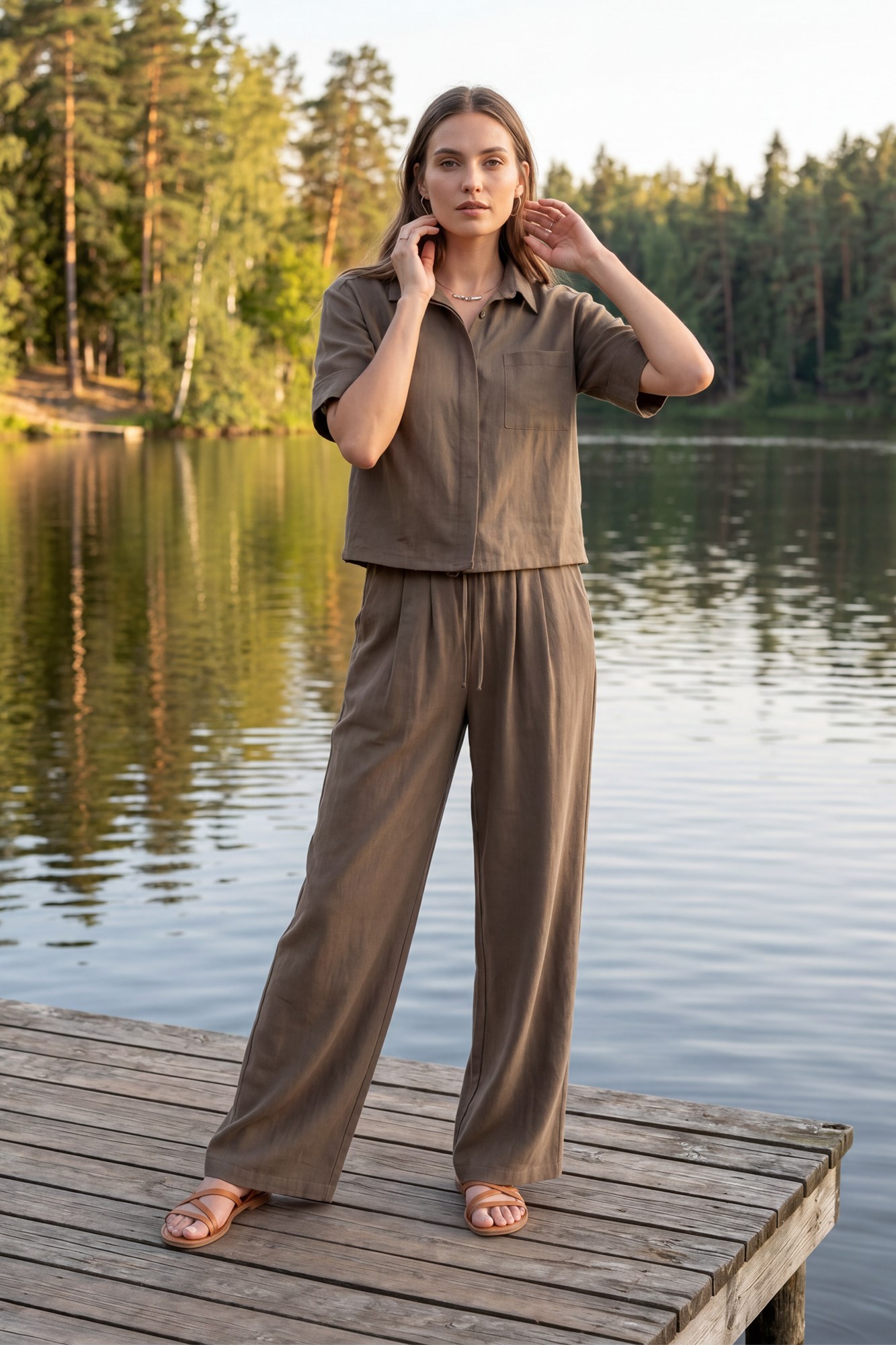 Short Sleeve Button Down Top And Pants Set