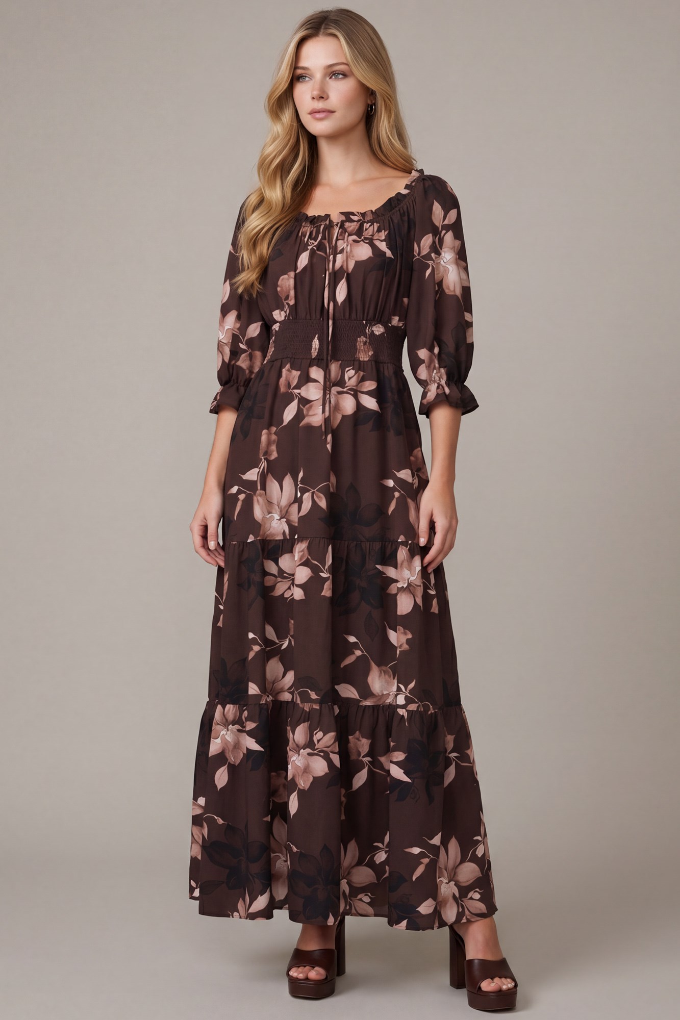 Elbow-Lenght Sleeve Waist Smocking Tiered Woven Floral Print Maxi Dress With Pockets