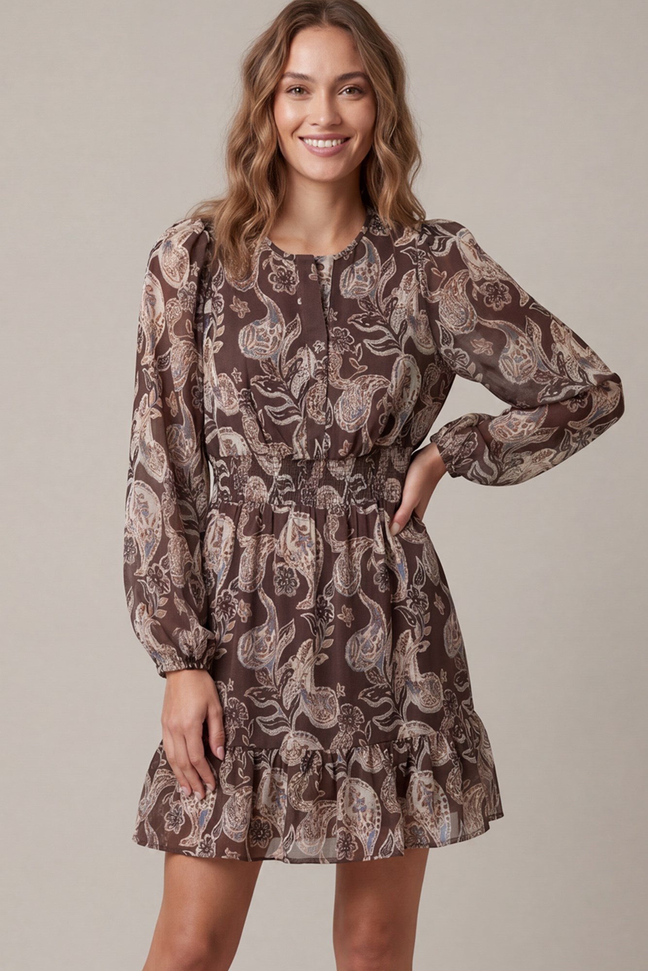 Long Sleeve Woven Chiffon Print Waist Smocked Mini Dress With Pockets