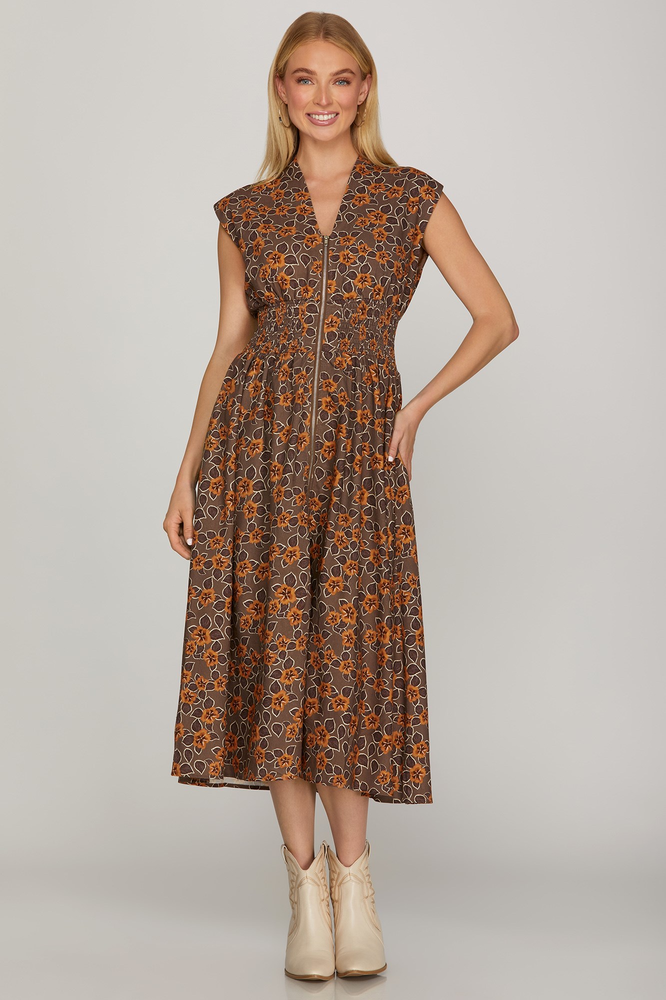 Drop Shoulder Smocked Waist Front Zip Printed Midi Dress With Pockets