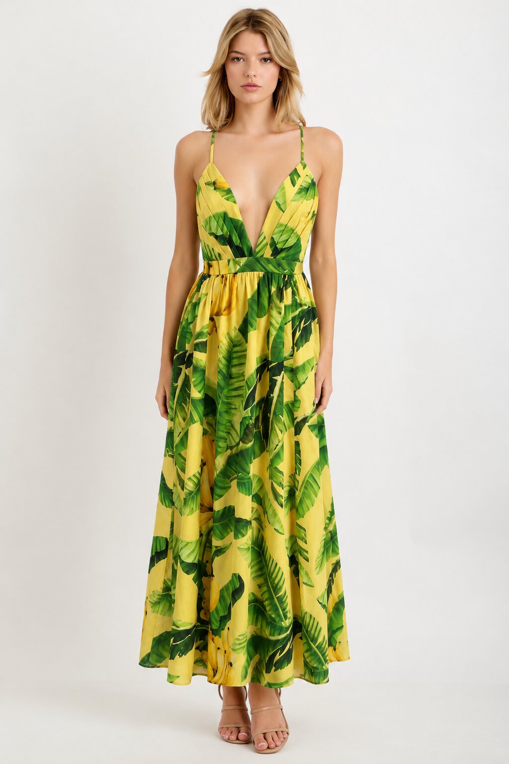 Banana Leaf Print Open Back Midi Dress