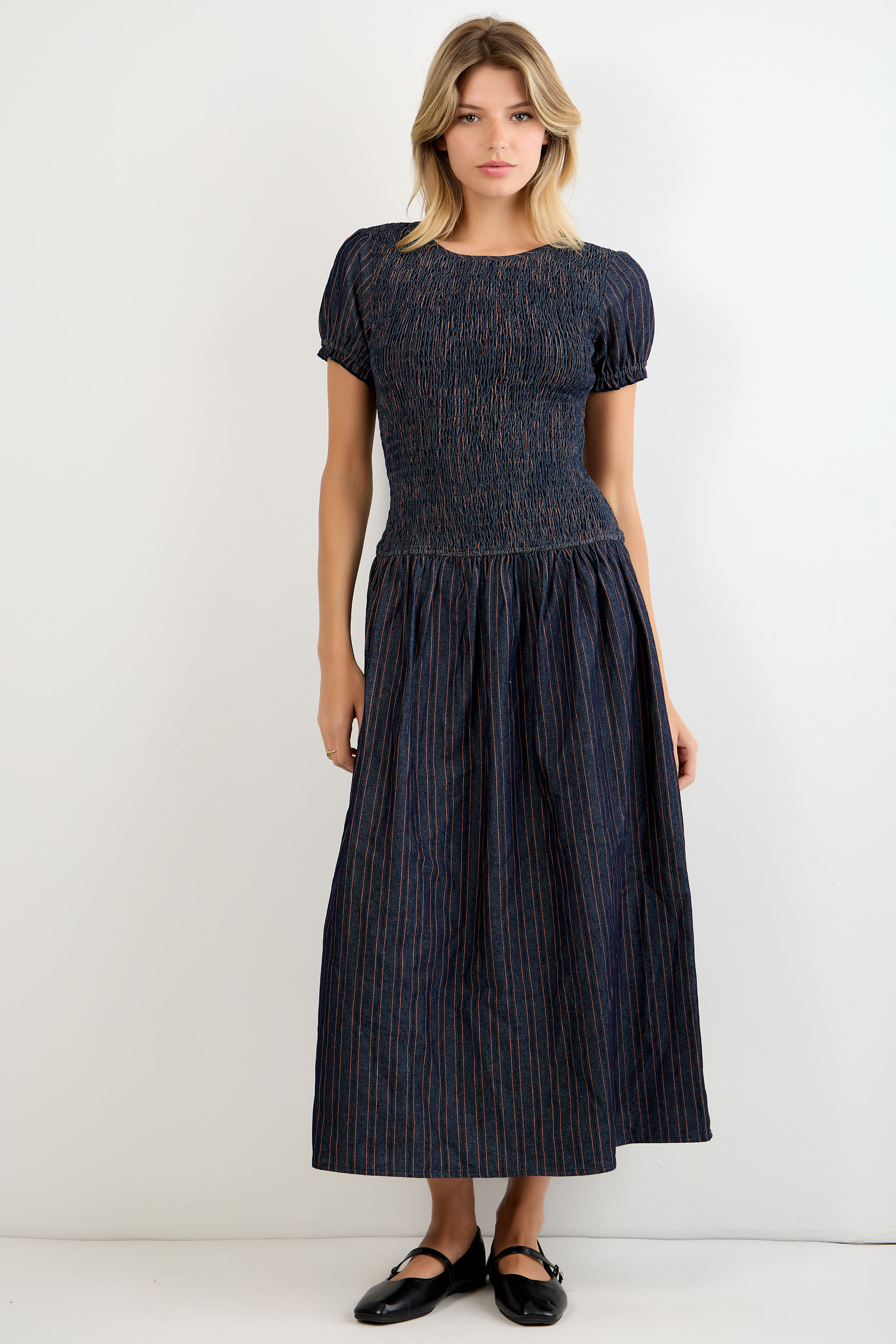 Striped Smocked Bodice Midi Dress