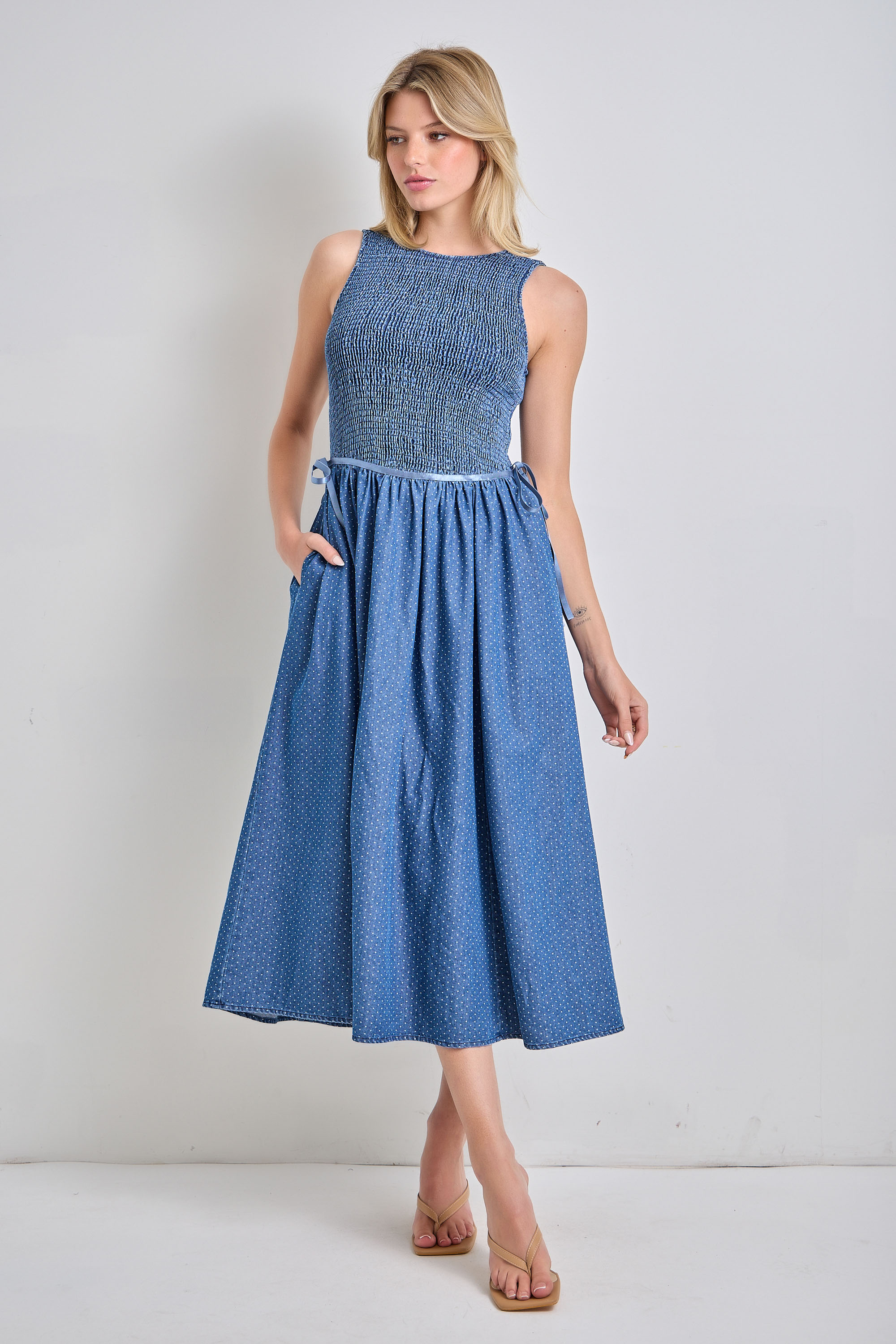 Smocked Bodice Denim Midi Dress with Ribbon Ties