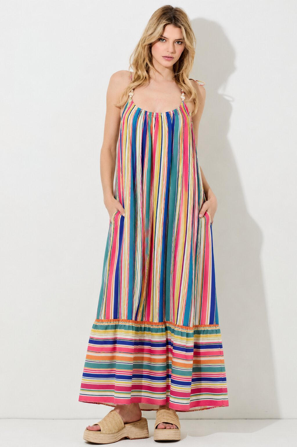 Multi Stripe Shoulder Tie Midi Dress