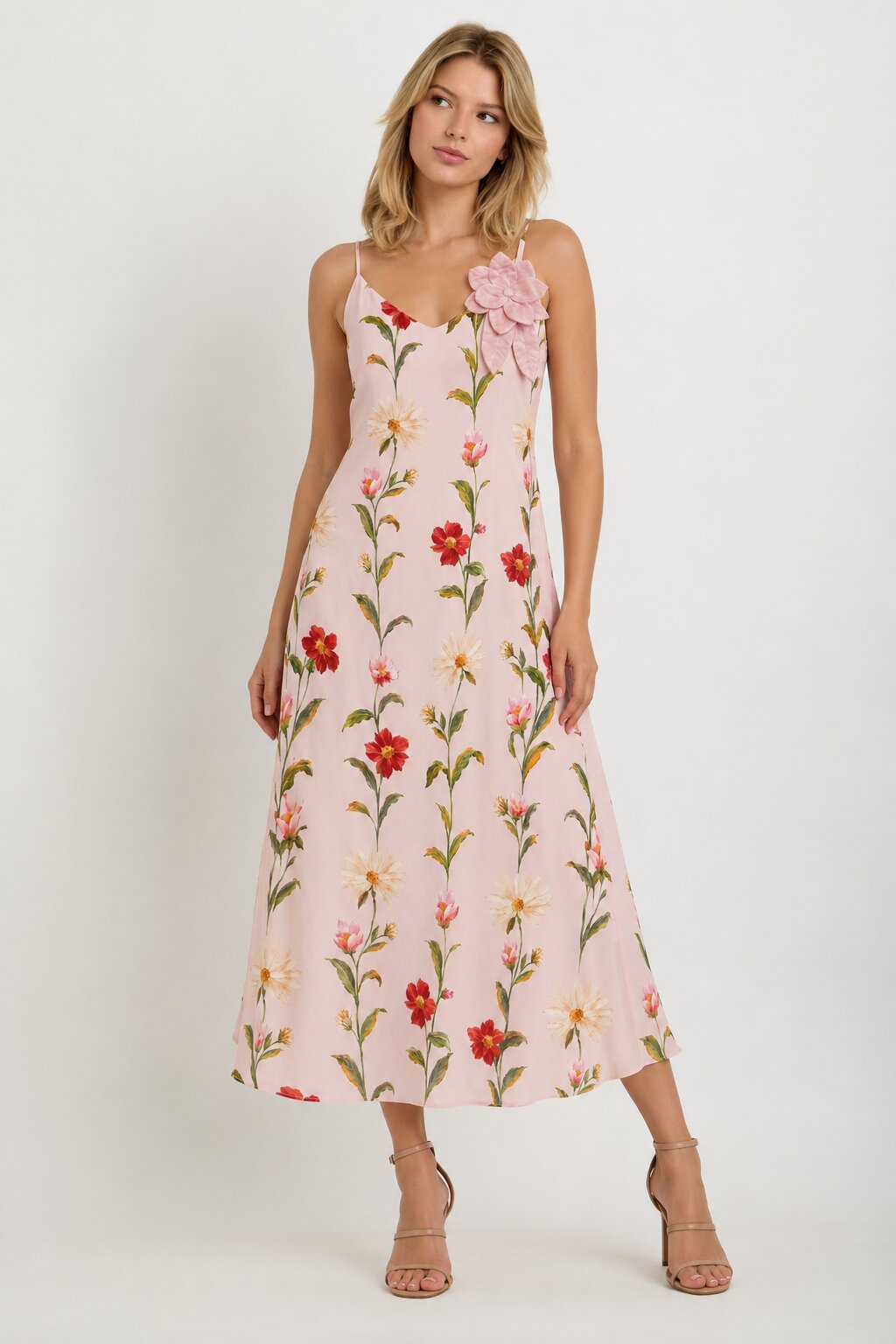 Floral Print With Corsage Sleeveleess Midi Dress