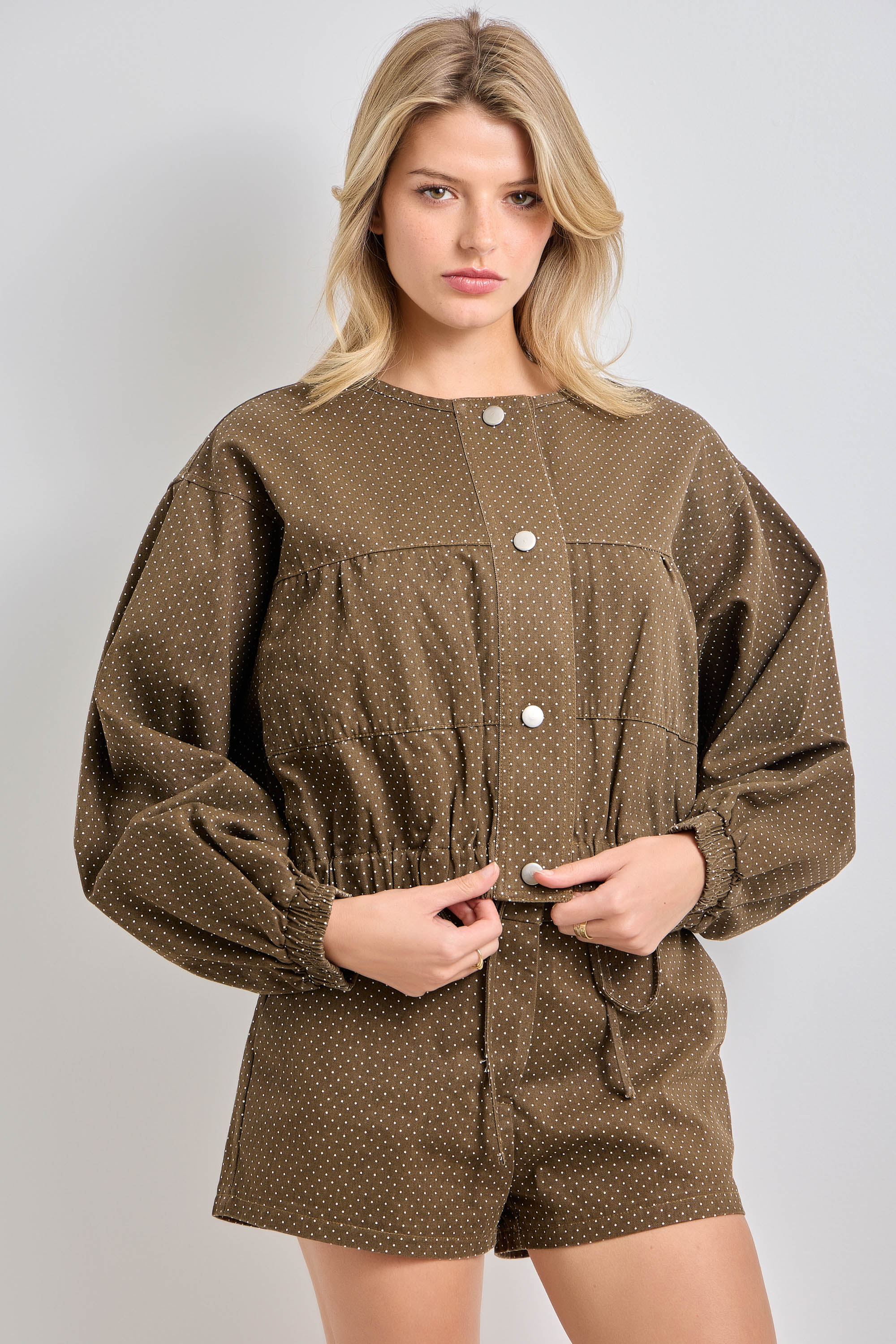 Plus Size Polka Dot Print Button Up Jacket