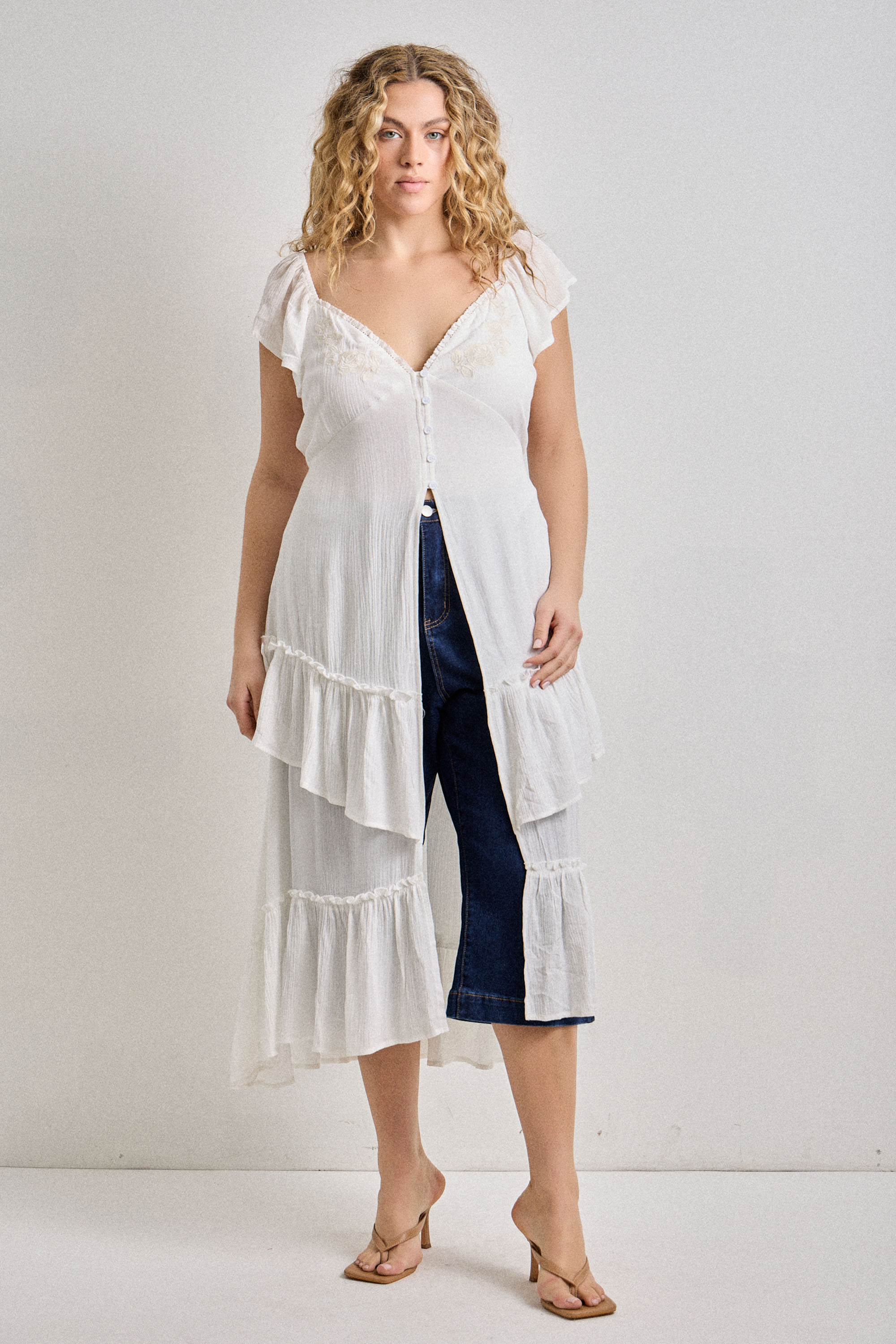 Embroidered Button Up Duster Top