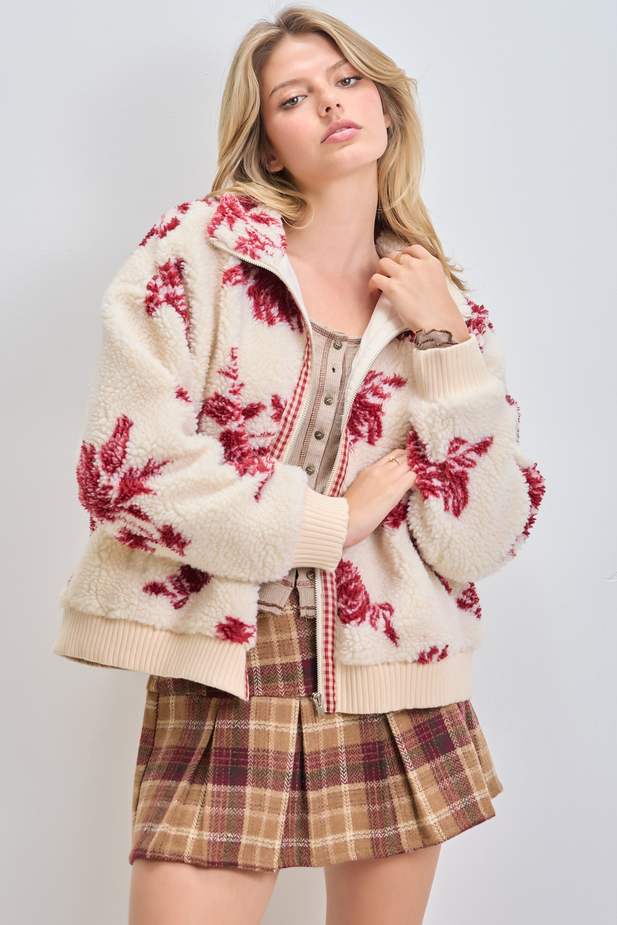 Floral Printed Sherpa Zip Up Jacket