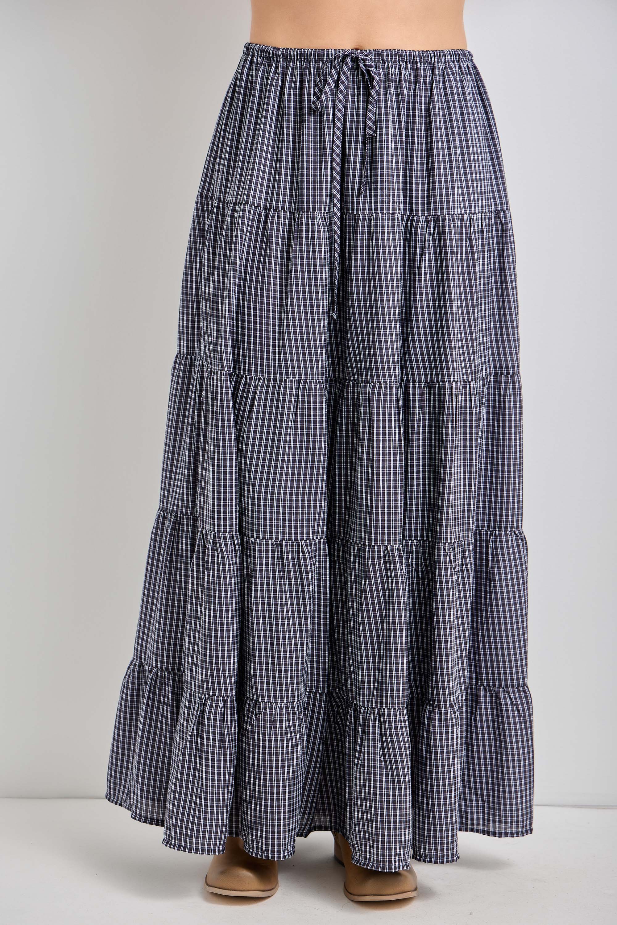 Plus Size Plaid Print Drawstring Tiered Midi Skirt